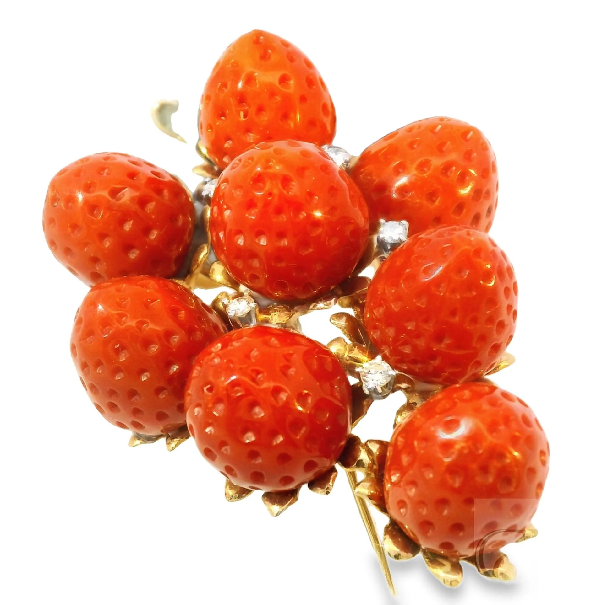 Rare 14K Gold Designer Carved Undyed Red Coral Strawberry Diamond Brooch Pendant