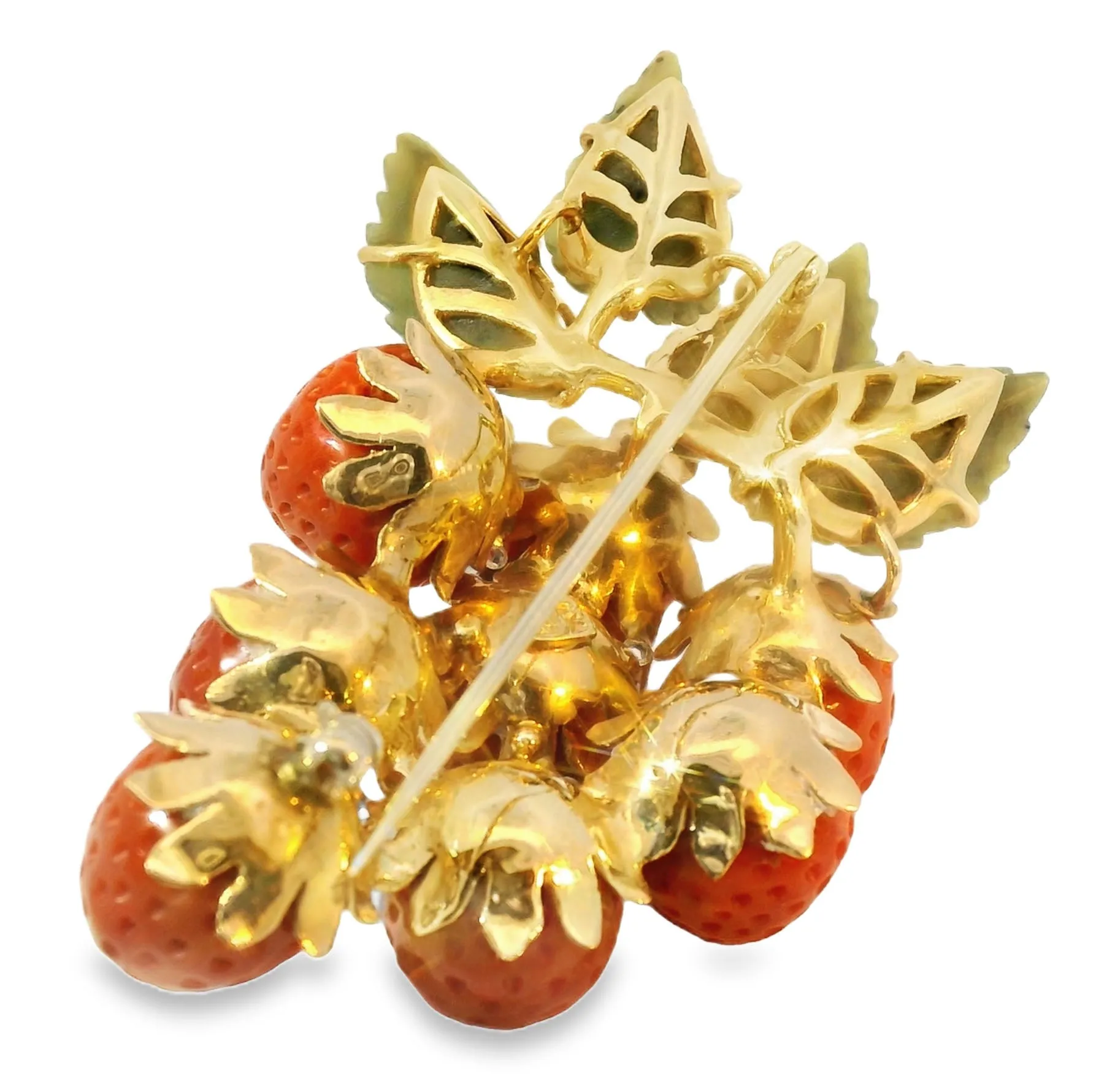 Rare 14K Gold Designer Carved Undyed Red Coral Strawberry Diamond Brooch Pendant