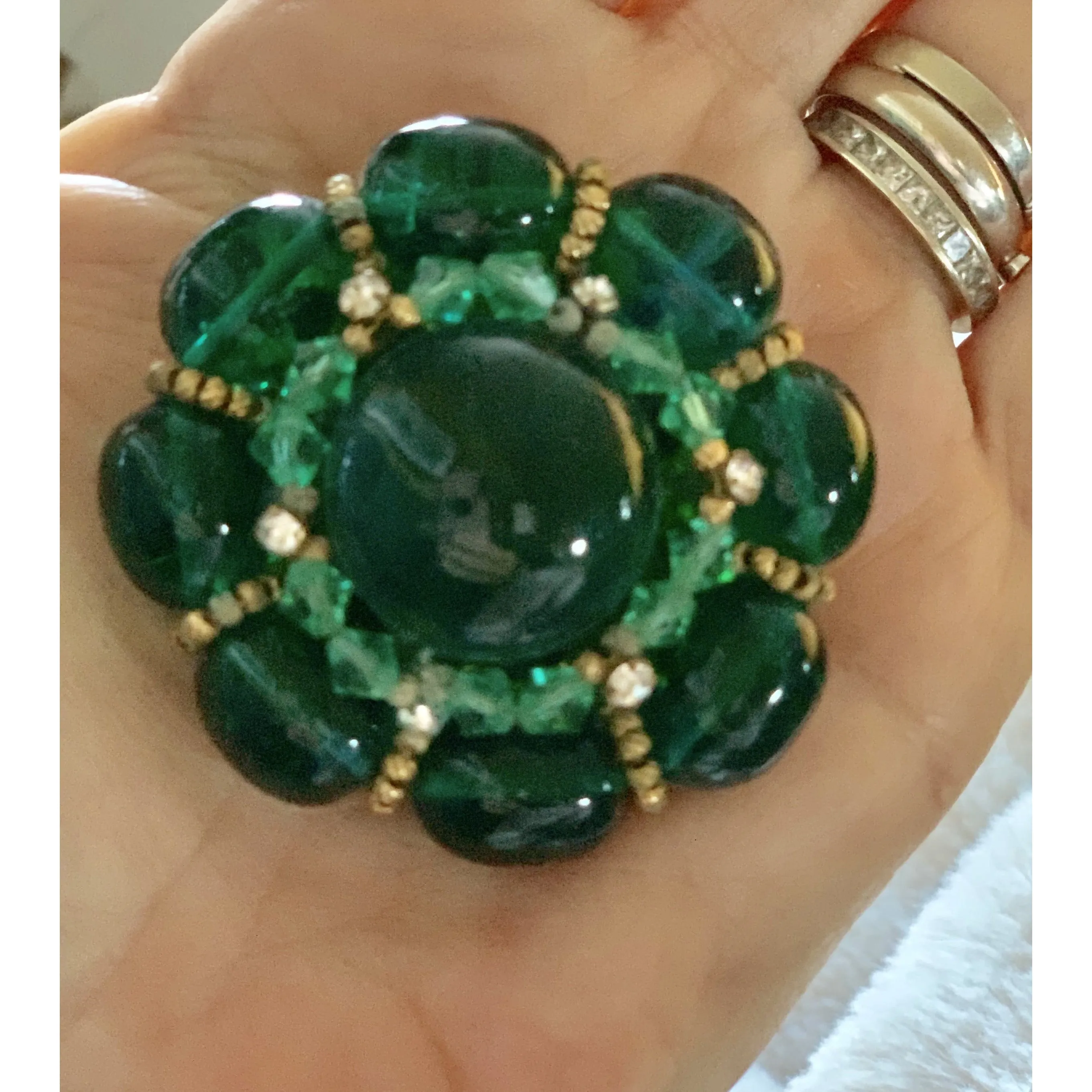 Rare Vintage Green Cabochon Round Brooch 1940s Large 2" Old Hollywood Statement