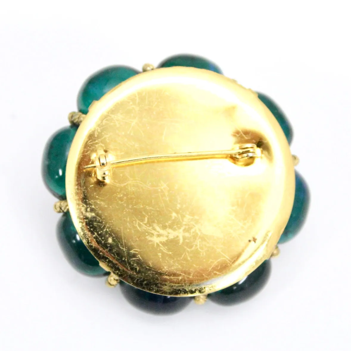 Rare Vintage Green Cabochon Round Brooch 1940s Large 2" Old Hollywood Statement
