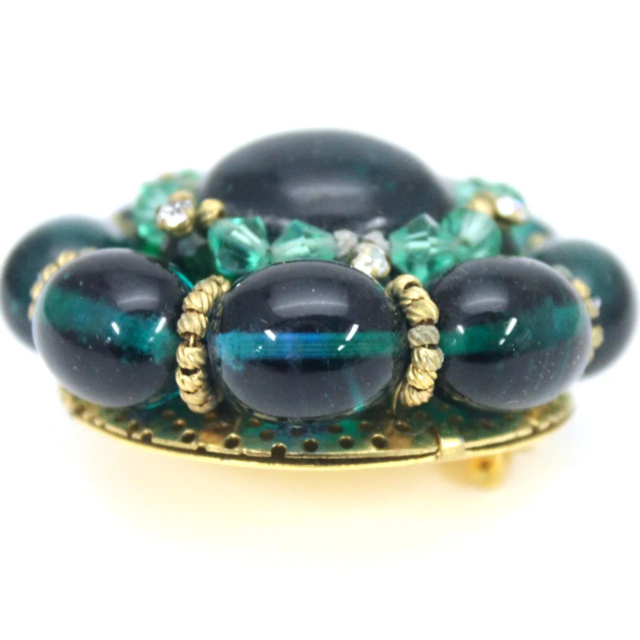 Rare Vintage Green Cabochon Round Brooch 1940s Large 2" Old Hollywood Statement