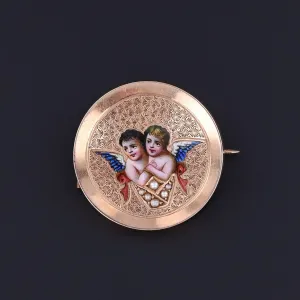 RESERVED for R.- Antique Enamel Cherub Brooch of 14k Gold