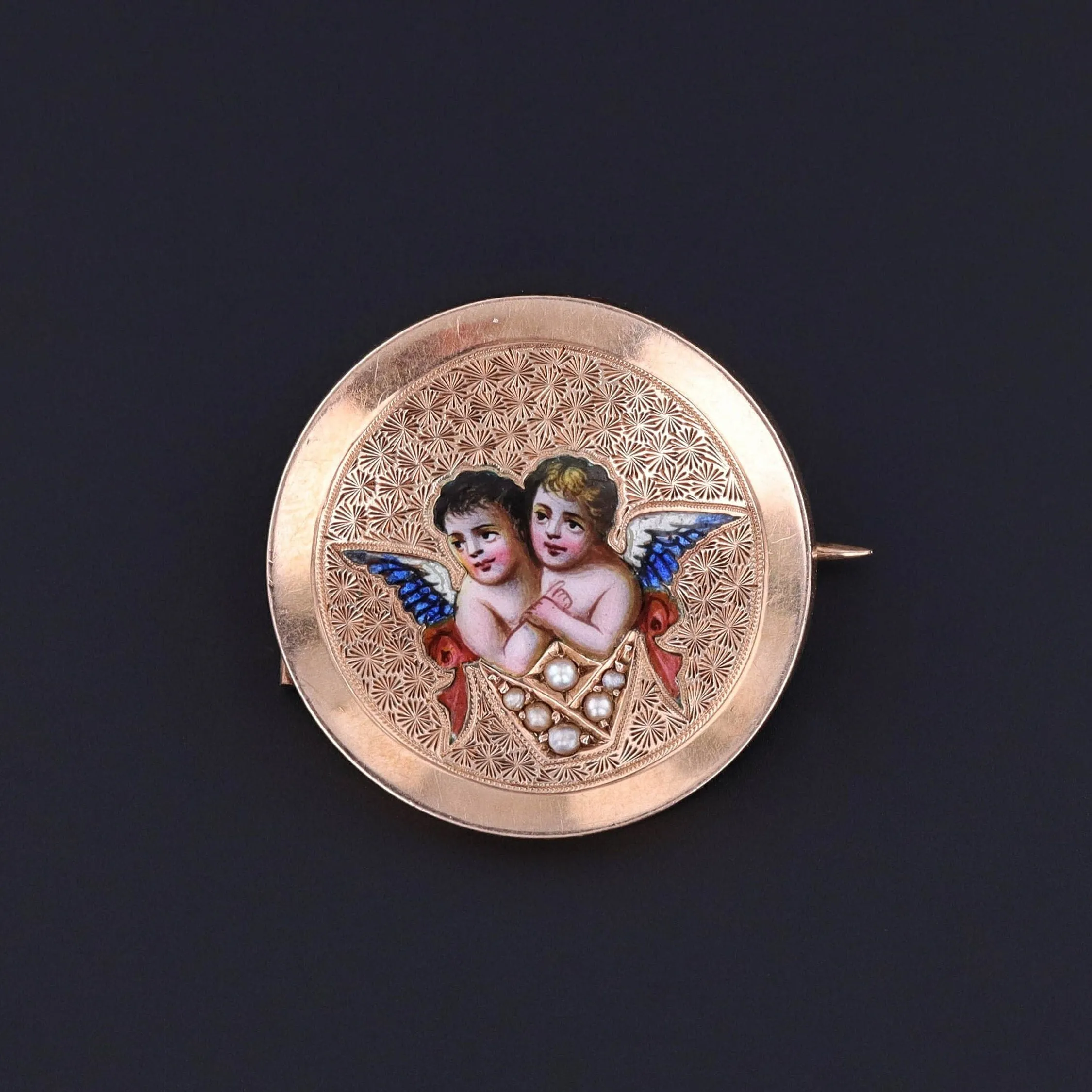 RESERVED for R.- Antique Enamel Cherub Brooch of 14k Gold