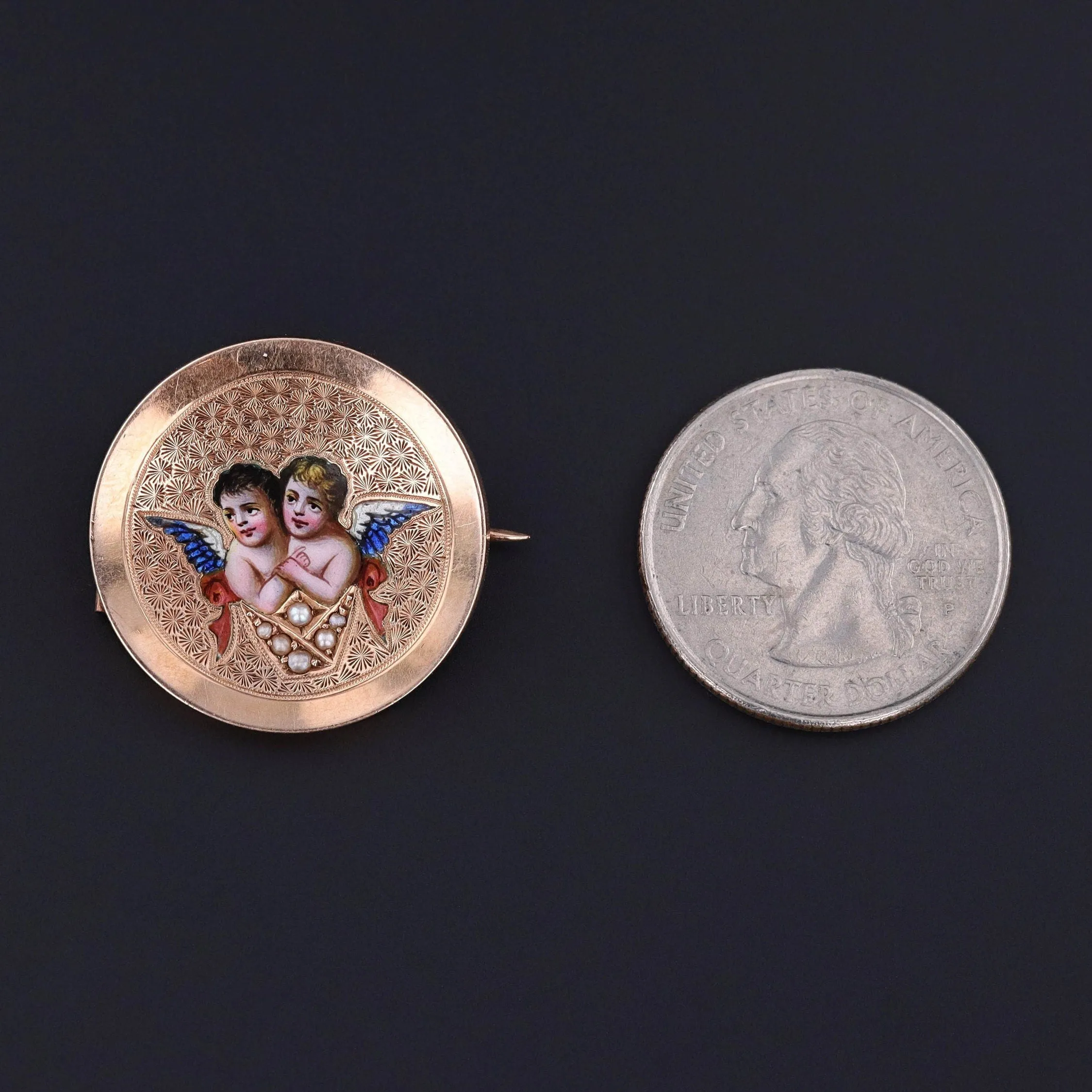RESERVED for R.- Antique Enamel Cherub Brooch of 14k Gold