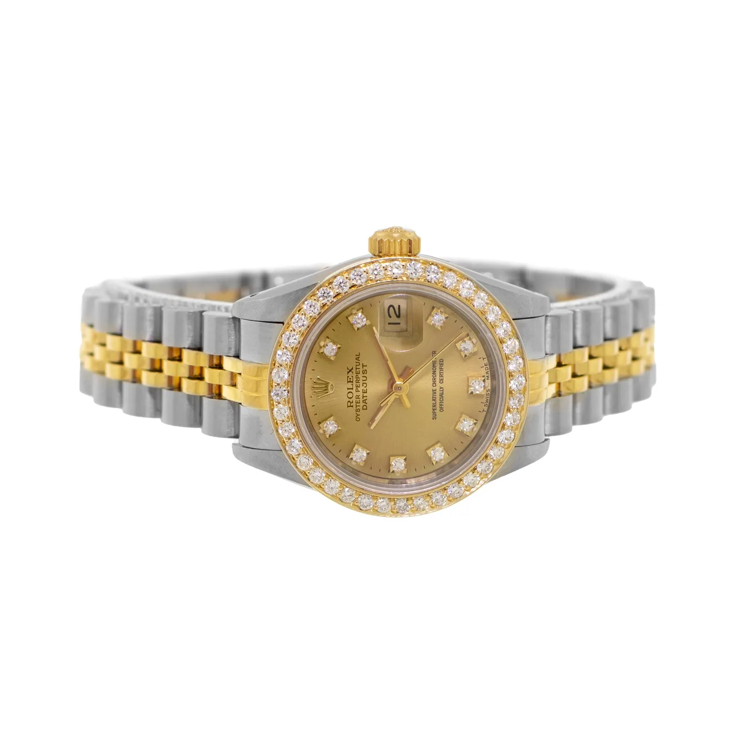 Rolex Datejust 26mm Yellow Gold Steel Champagne Diamond Dial & Diamond Bezel 69173