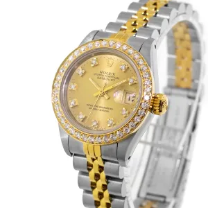 Rolex Datejust 26mm Yellow Gold Steel Champagne Diamond Dial & Diamond Bezel 69173