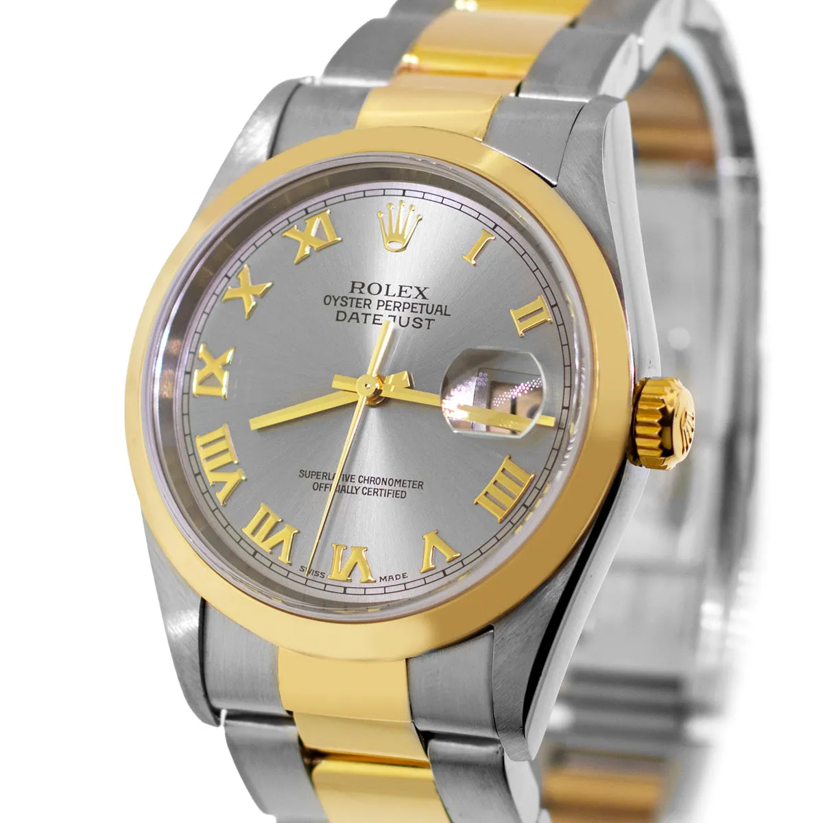 Rolex Datejust 36mm 18K Yellow Gold & Steel Slate Roman Dial Smooth Bezel 16203