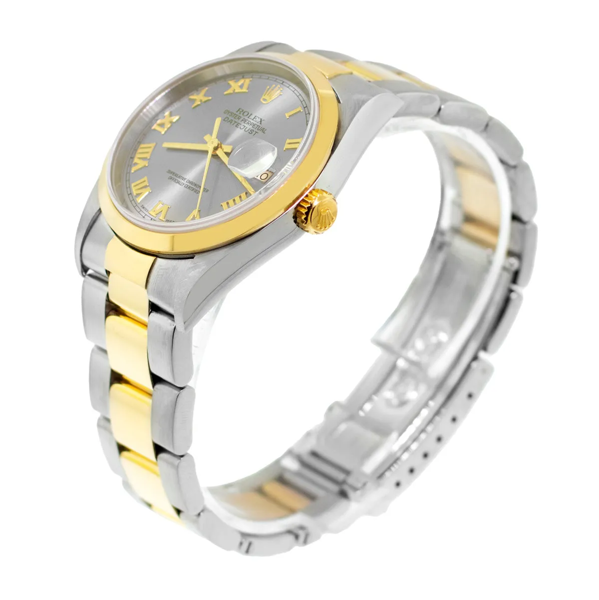 Rolex Datejust 36mm 18K Yellow Gold & Steel Slate Roman Dial Smooth Bezel 16203