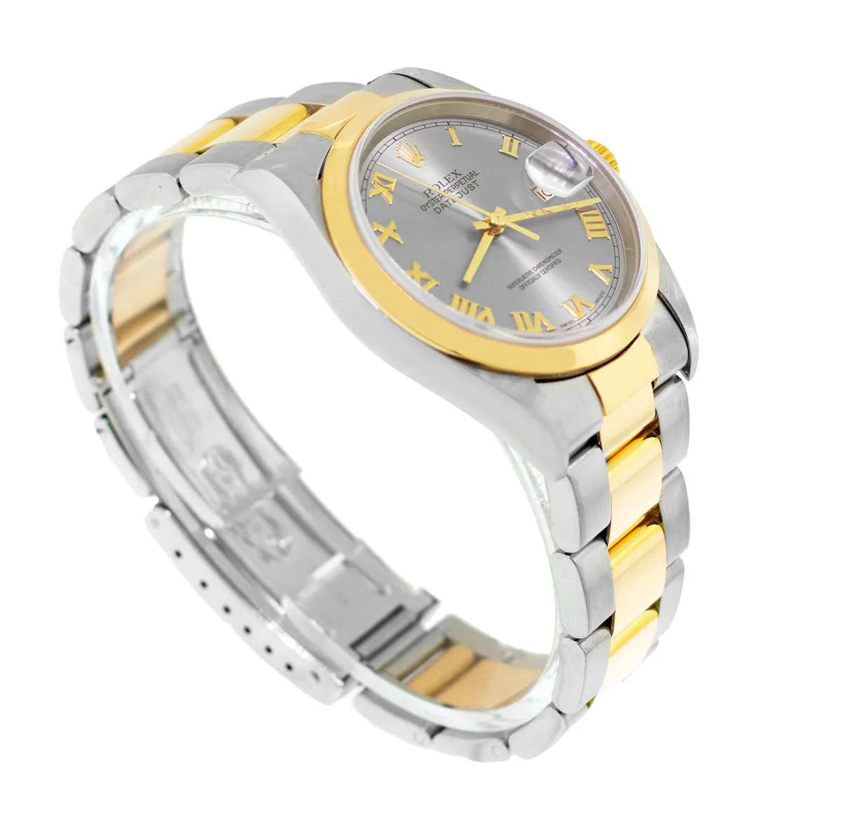 Rolex Datejust 36mm 18K Yellow Gold & Steel Slate Roman Dial Smooth Bezel 16203
