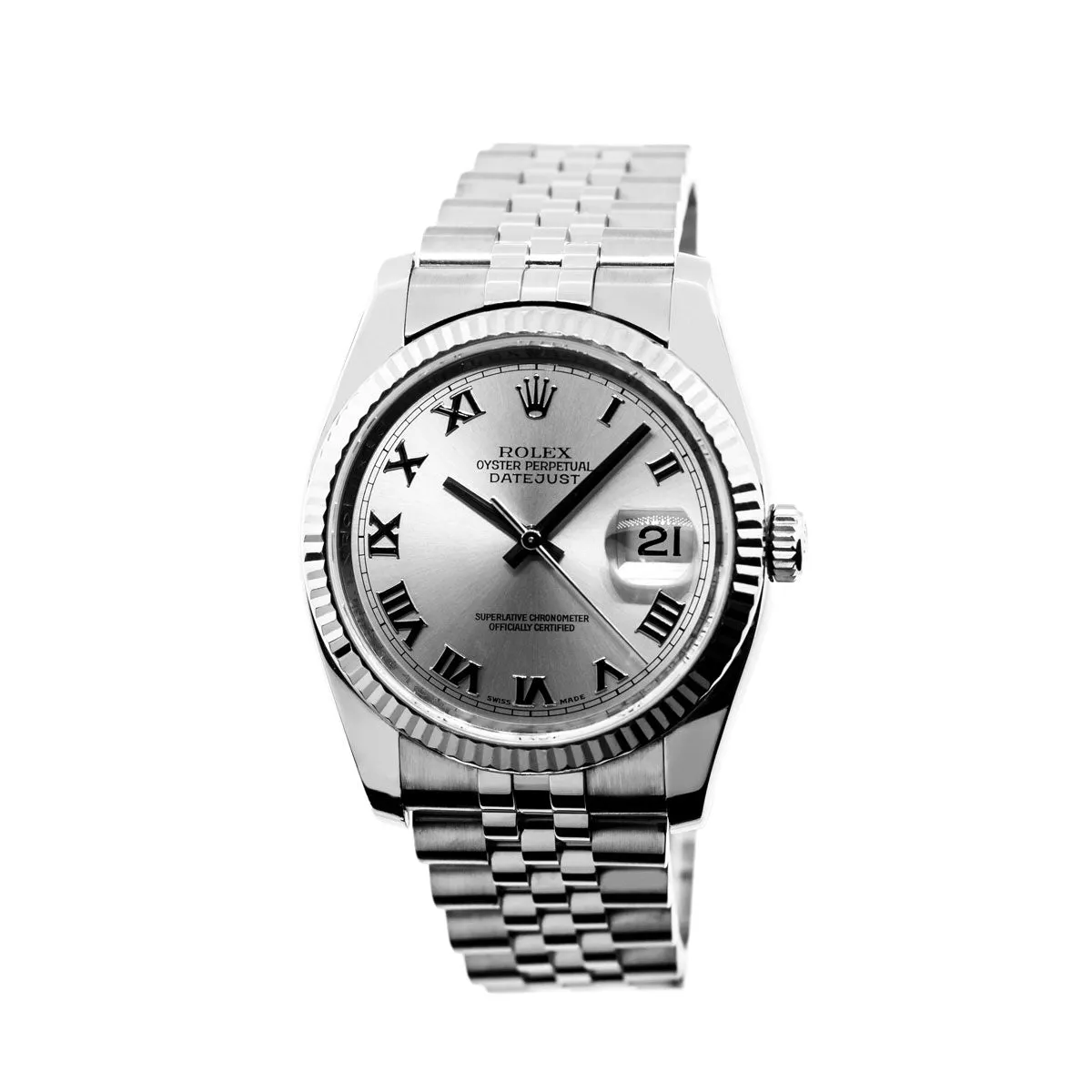 Rolex Datejust 36mm White Gold & Steel Rhodium Roman Dial & Fluted Bezel 116234
