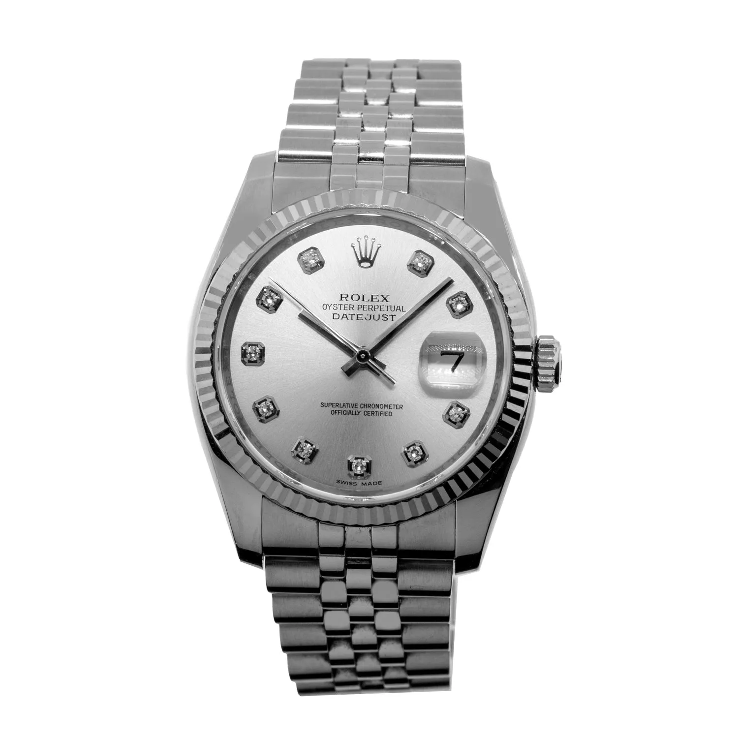 Rolex Datejust 36mm White Gold & Steel Silver Diamond Dial & Fluted Bezel 116234
