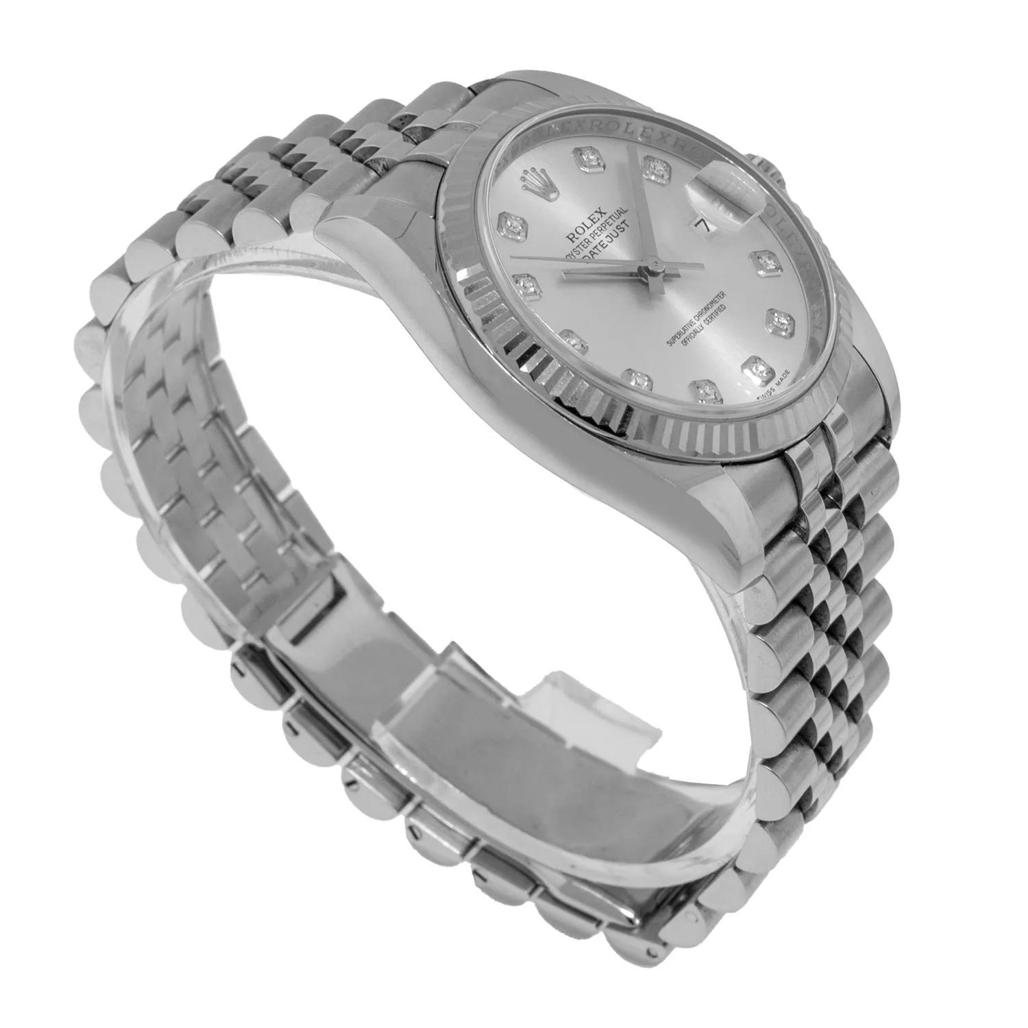 Rolex Datejust 36mm White Gold & Steel Silver Diamond Dial & Fluted Bezel 116234