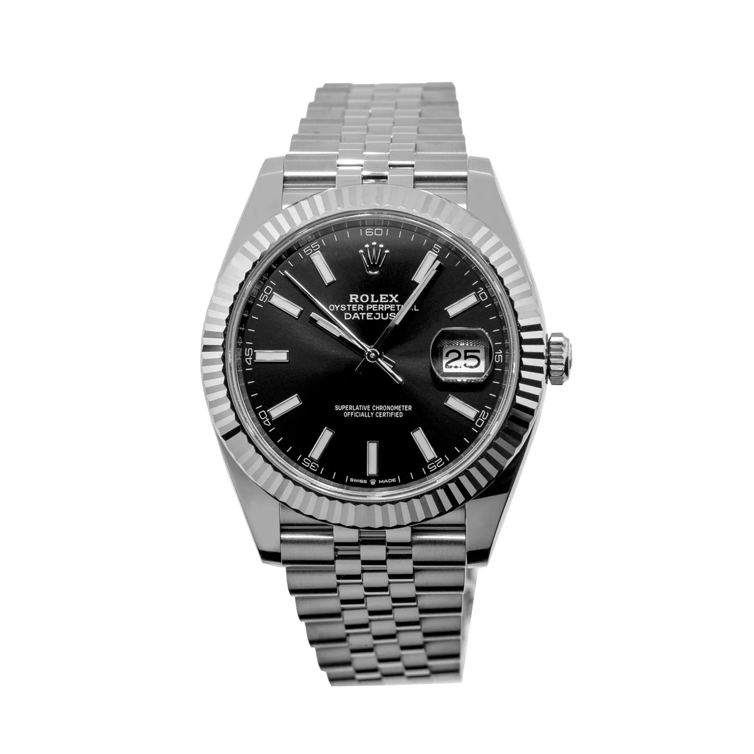 Rolex Datejust II 41mm Stainless Steel Black Index Dial 18K White Gold Fluted Bezel 126334