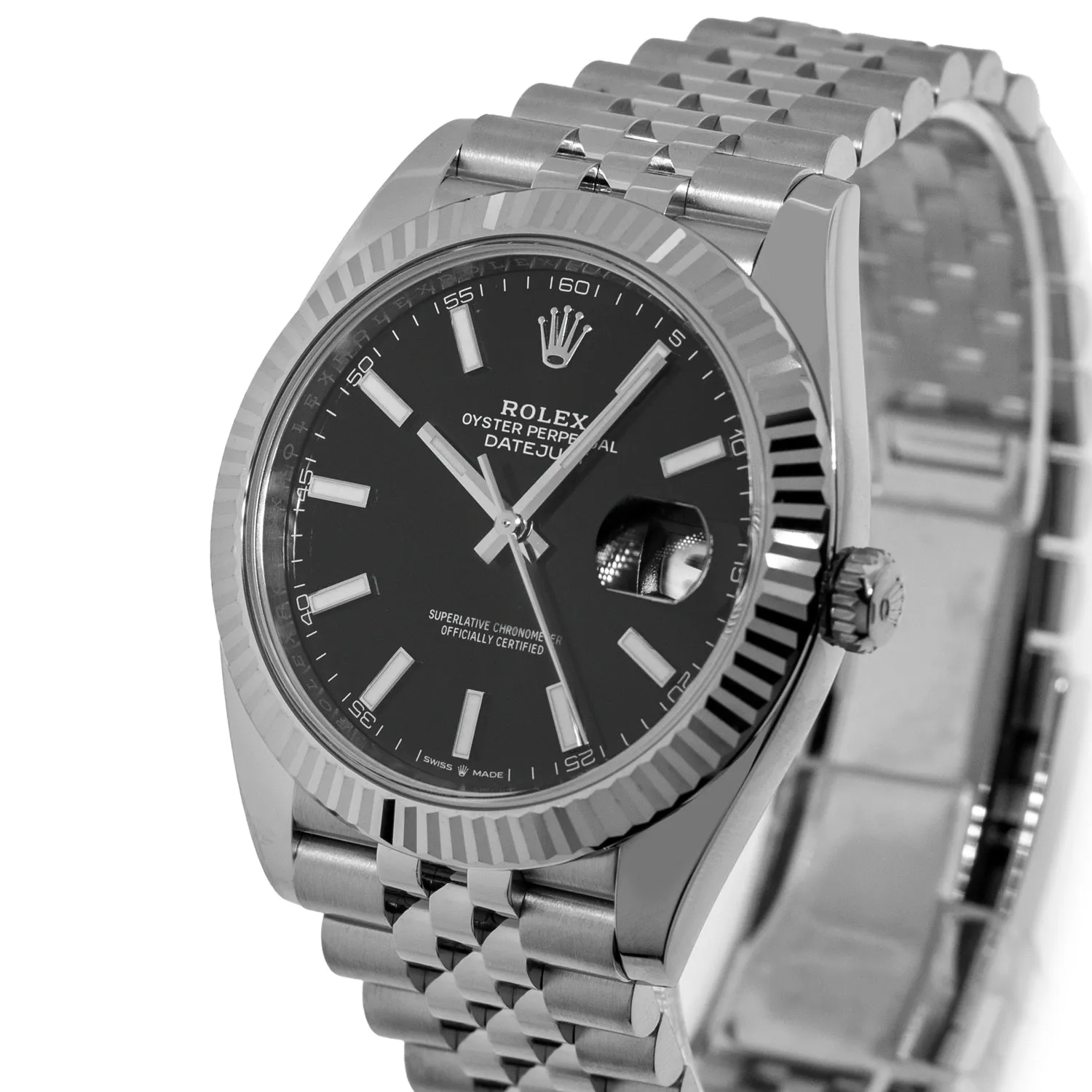 Rolex Datejust II 41mm Stainless Steel Black Index Dial 18K White Gold Fluted Bezel 126334