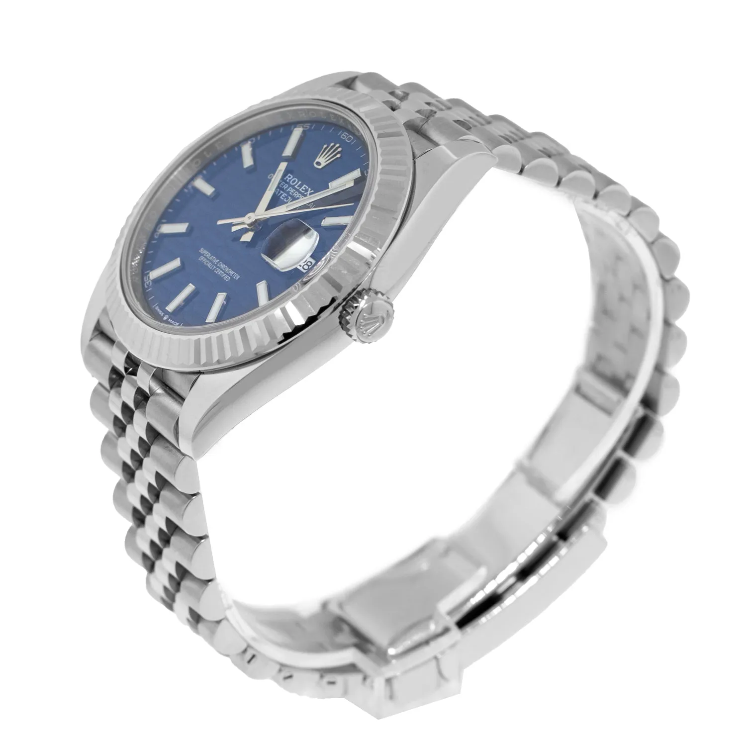 Rolex Datejust II 41mm Stainless Steel Blue Motif Index Dial 18K White Gold Fluted Bezel 126334