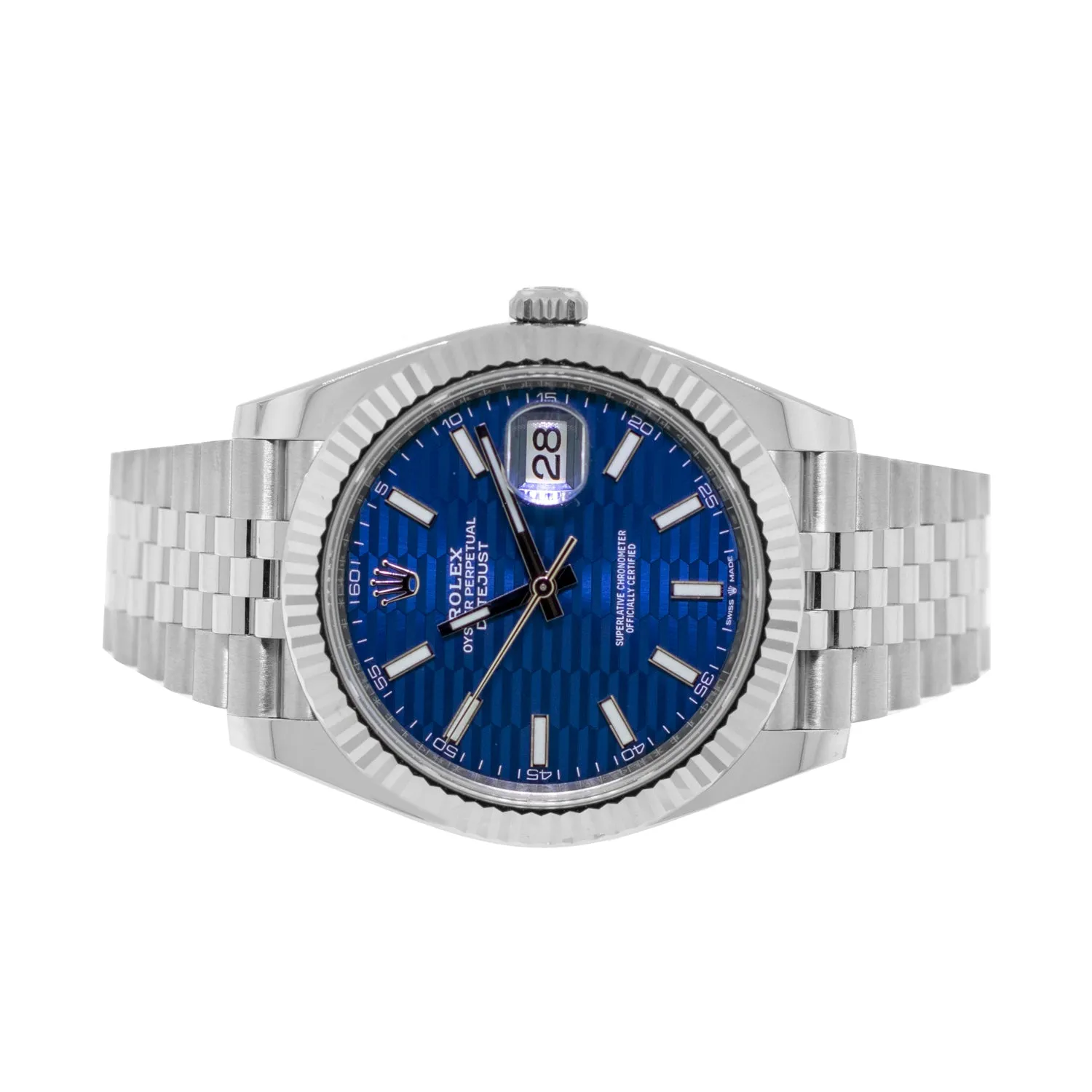 Rolex Datejust II 41mm Stainless Steel Blue Motif Index Dial 18K White Gold Fluted Bezel 126334