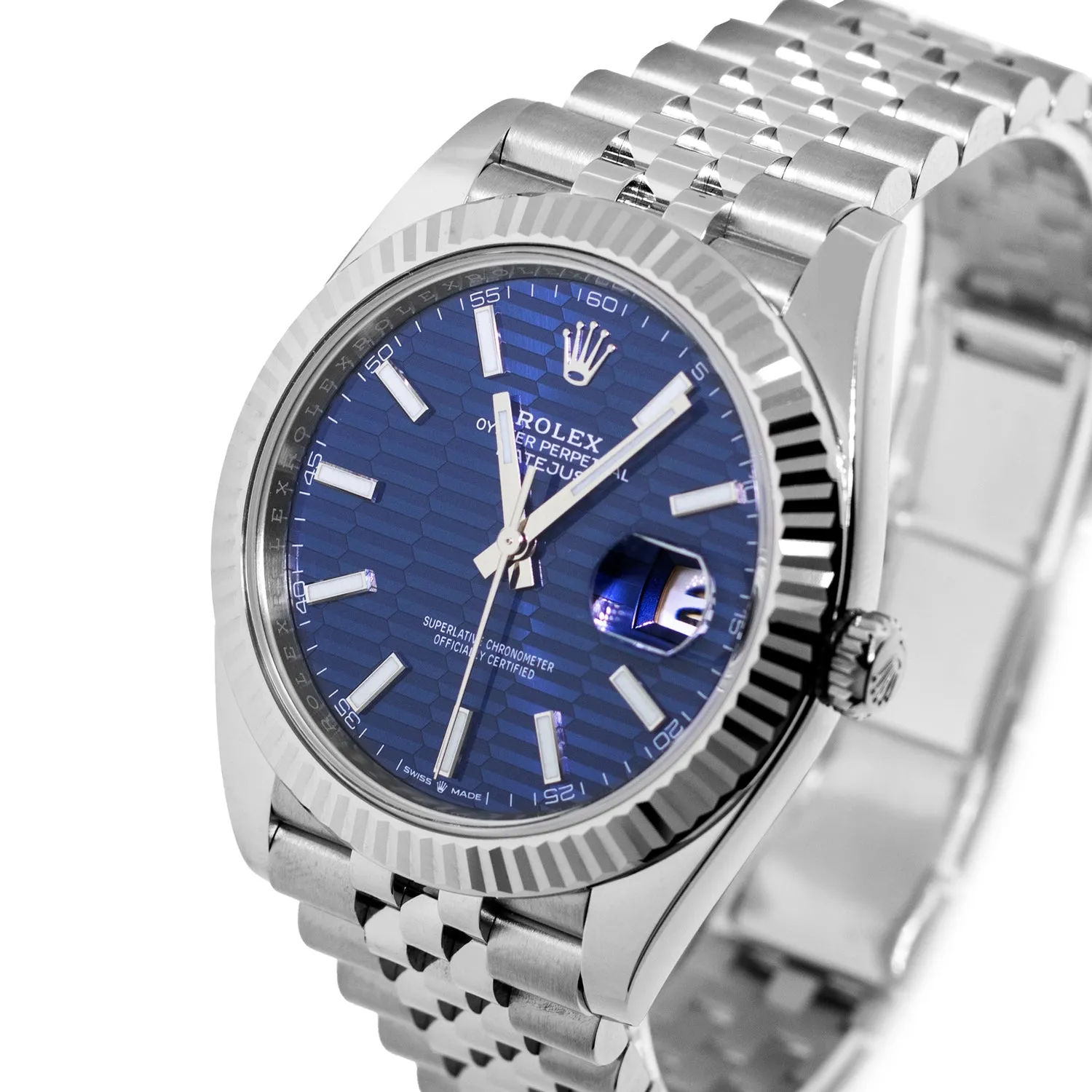 Rolex Datejust II 41mm Stainless Steel Blue Motif Index Dial 18K White Gold Fluted Bezel 126334
