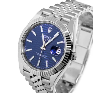 Rolex Datejust II 41mm Stainless Steel Blue Motif Index Dial 18K White Gold Fluted Bezel 126334
