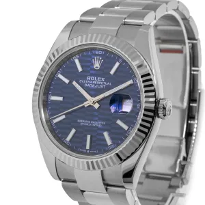 Rolex Datejust II 41mm Stainless Steel Blue Motif Index Dial 18K White Gold Fluted Bezel 126334