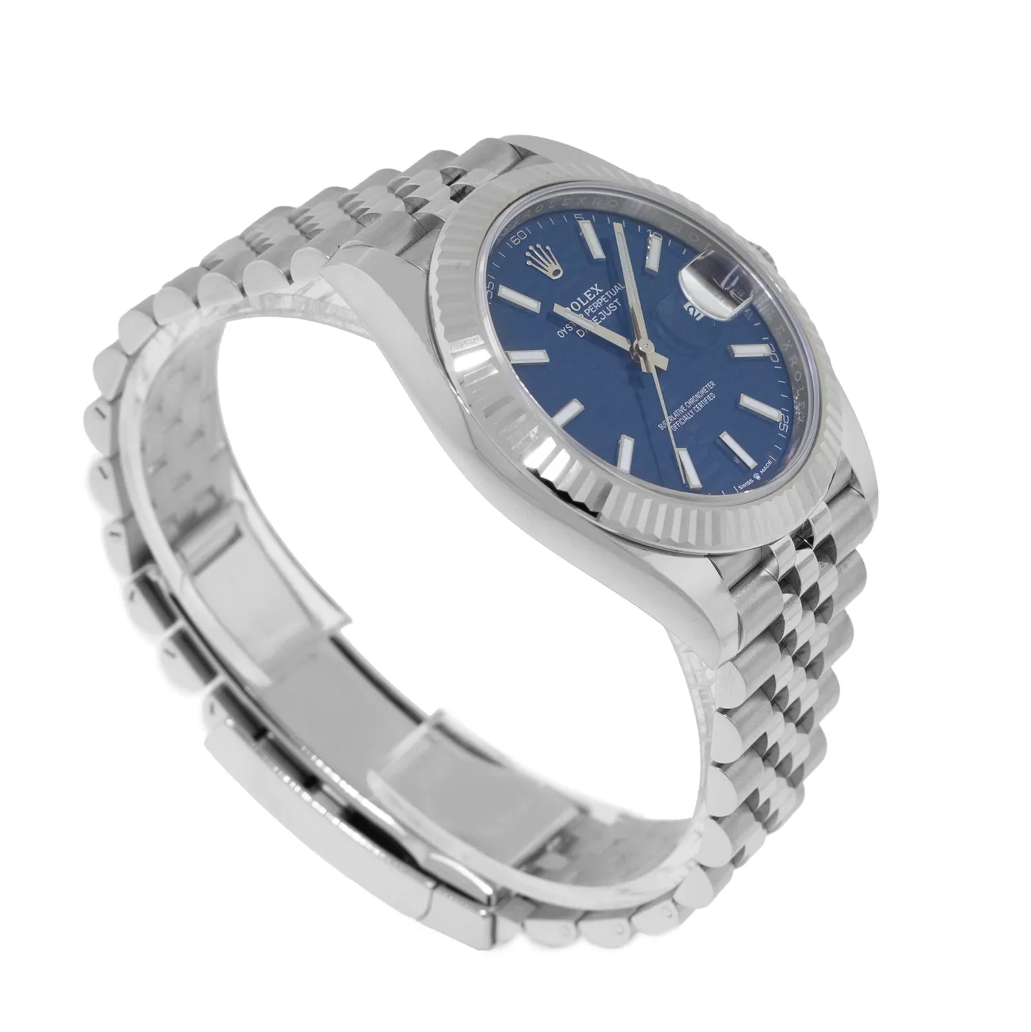 Rolex Datejust II 41mm Stainless Steel Blue Motif Index Dial 18K White Gold Fluted Bezel 126334