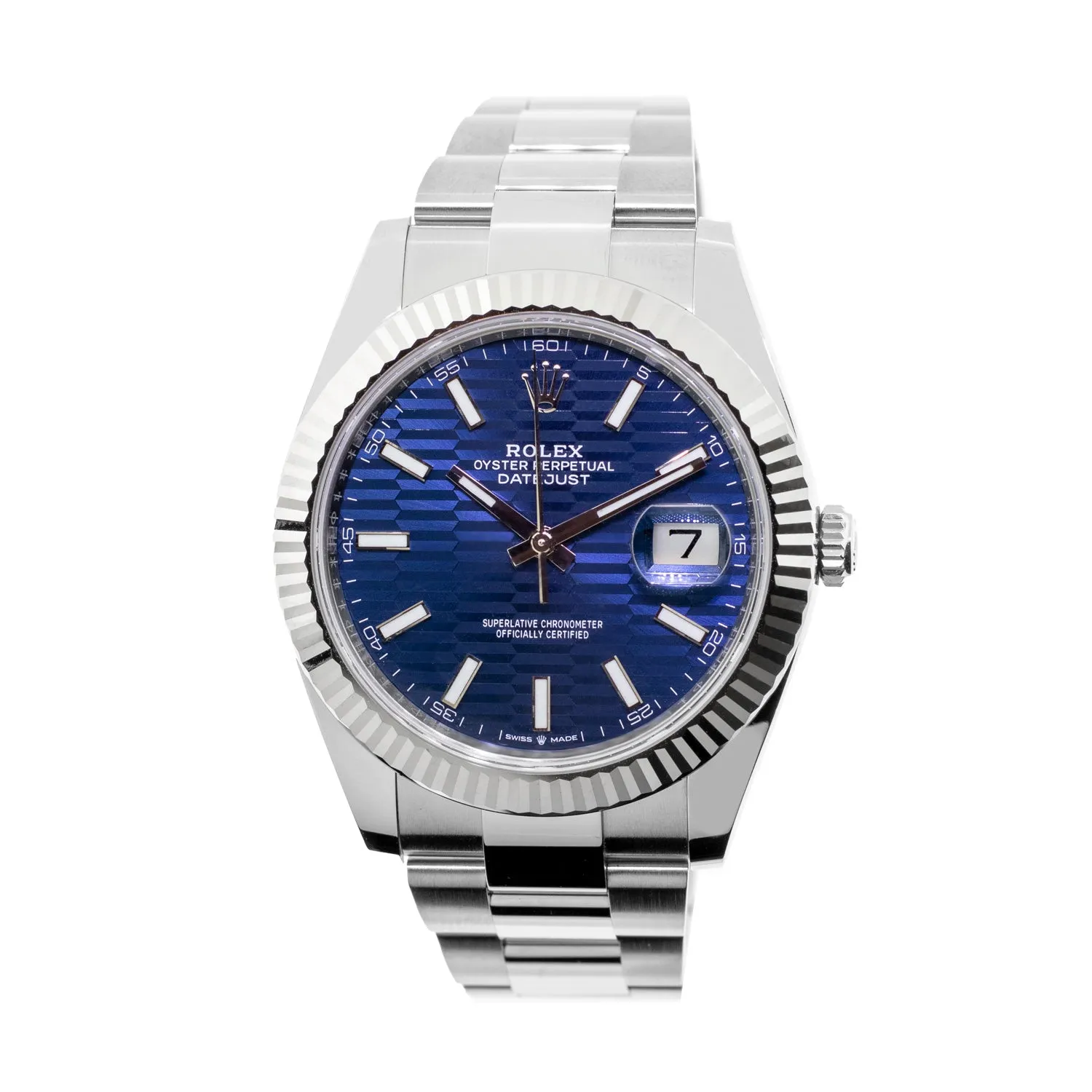 Rolex Datejust II 41mm Stainless Steel Blue Motif Index Dial 18K White Gold Fluted Bezel 126334
