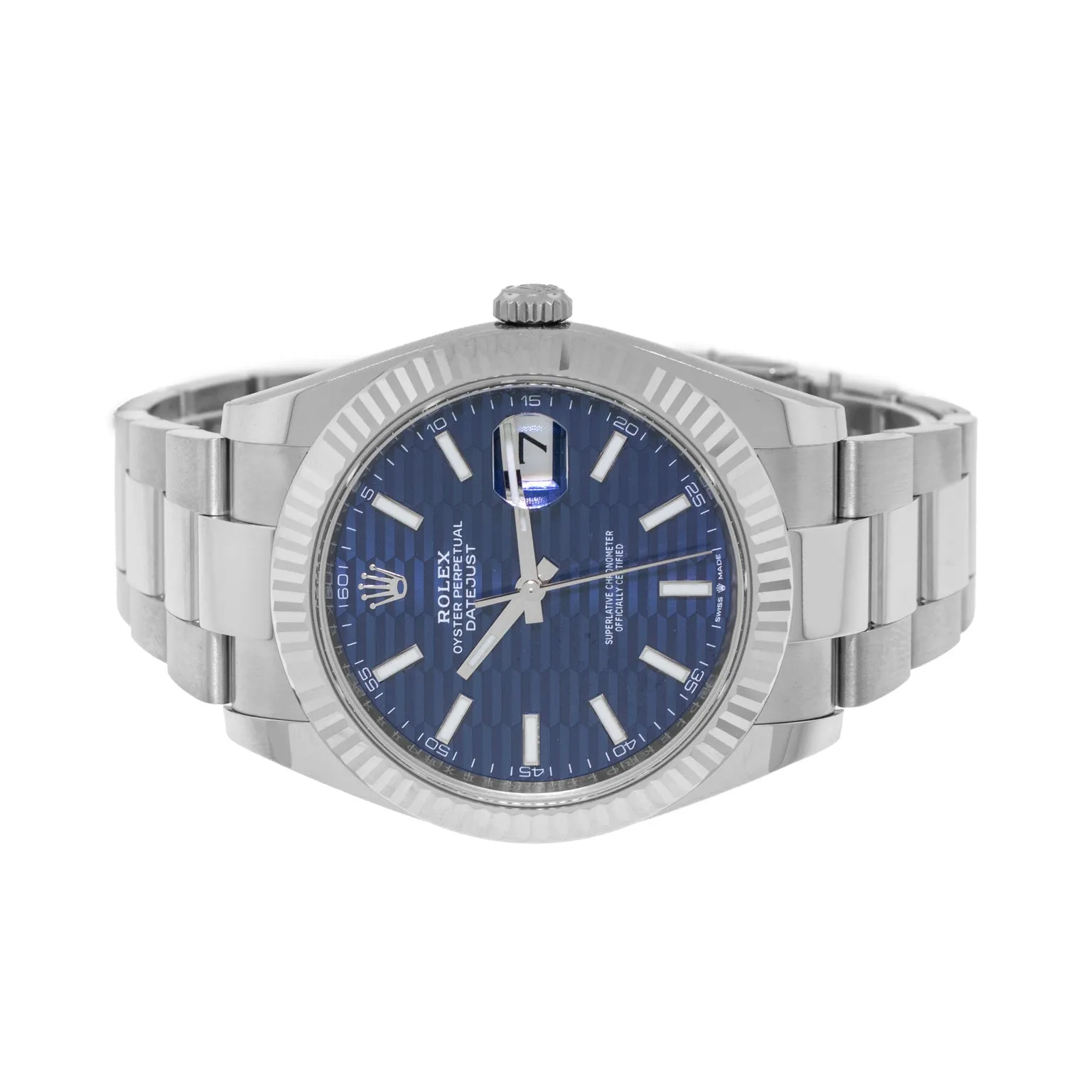 Rolex Datejust II 41mm Stainless Steel Blue Motif Index Dial 18K White Gold Fluted Bezel 126334
