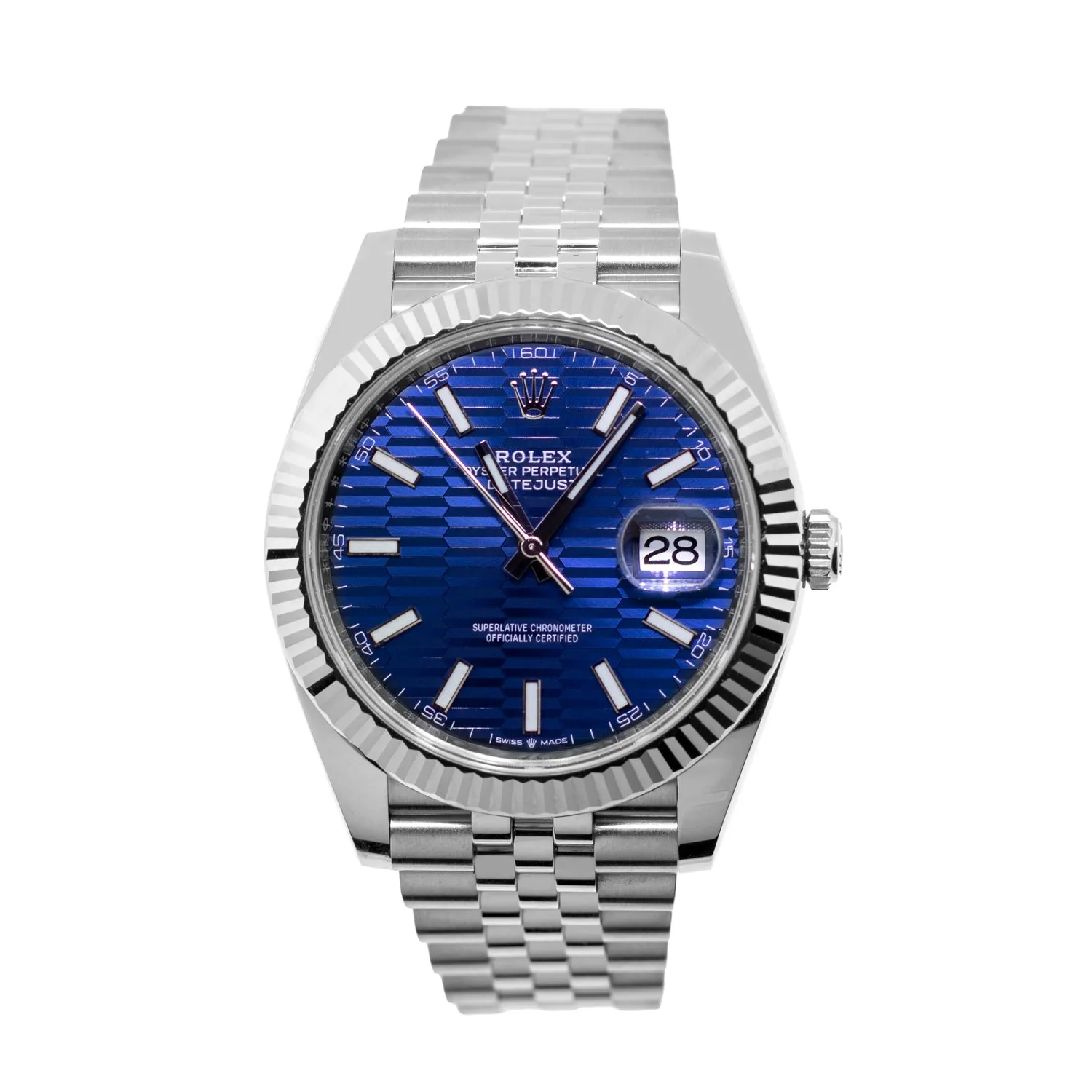 Rolex Datejust II 41mm Stainless Steel Blue Motif Index Dial 18K White Gold Fluted Bezel 126334