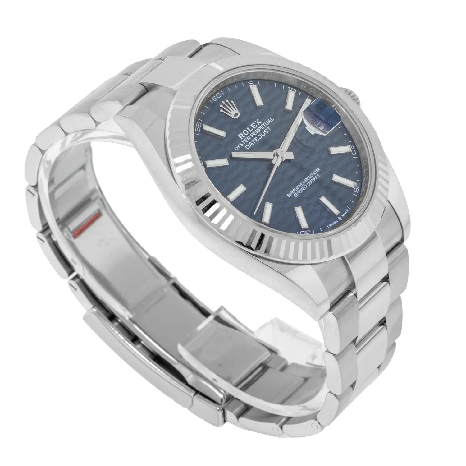 Rolex Datejust II 41mm Stainless Steel Blue Motif Index Dial 18K White Gold Fluted Bezel 126334
