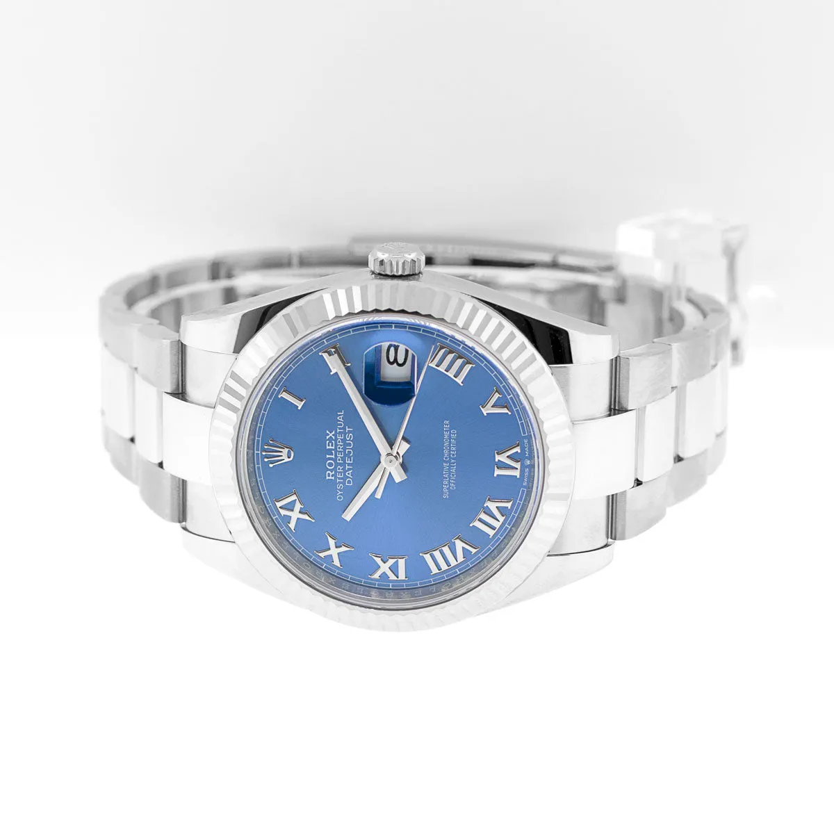 Rolex Datejust II 41mm Stainless Steel Blue Roman Dial 18K White Gold Fluted Bezel 126334