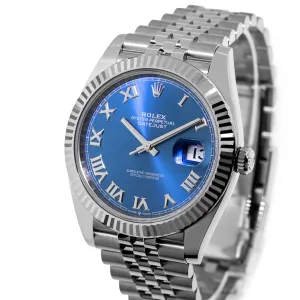 Rolex Datejust II 41mm Stainless Steel Blue Roman Dial 18K White Gold Fluted Bezel 126334