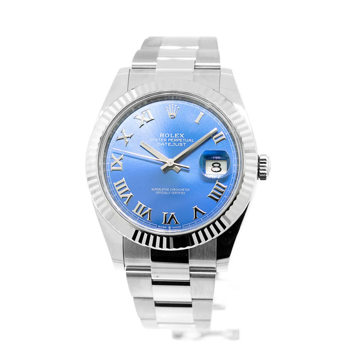 Rolex Datejust II 41mm Stainless Steel Blue Roman Dial 18K White Gold Fluted Bezel 126334