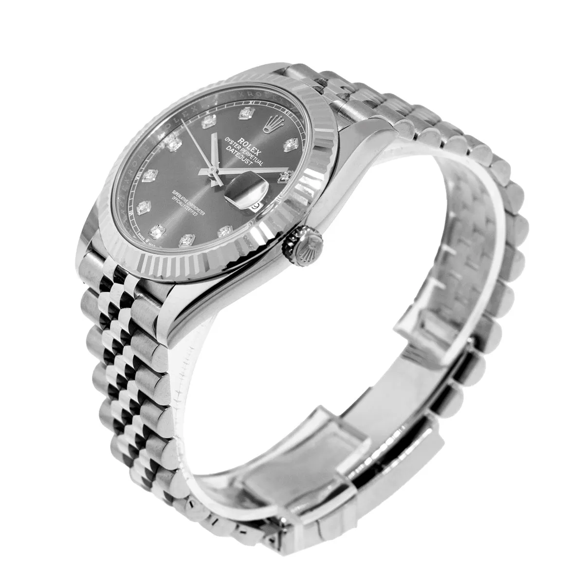 Rolex Datejust II 41mm Stainless Steel Dark Rhodium Diamond Dial 18K White Gold Fluted Bezel 126334