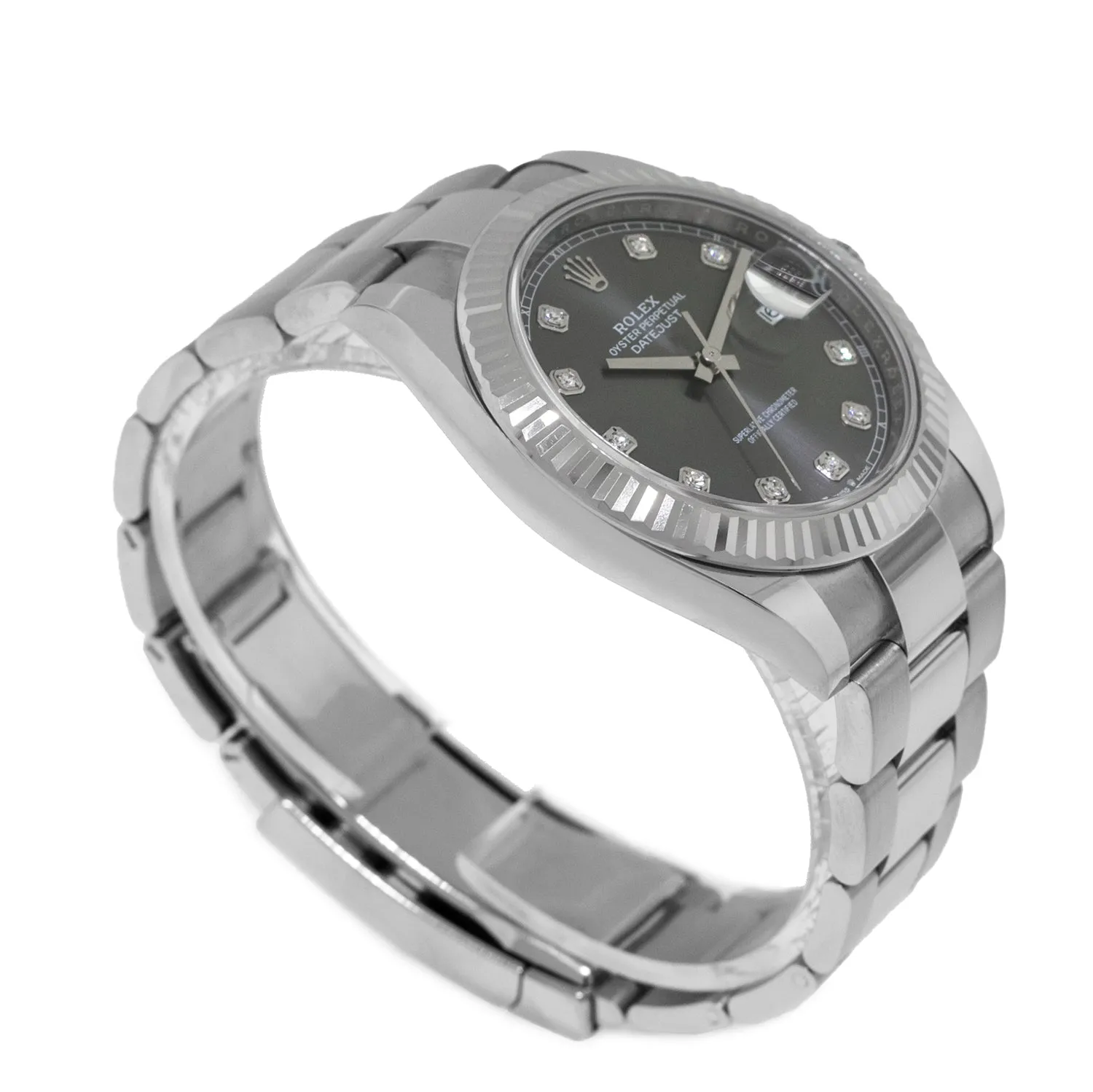 Rolex Datejust II 41mm Stainless Steel Dark Rhodium Diamond Dial 18K White Gold Fluted Bezel 126334