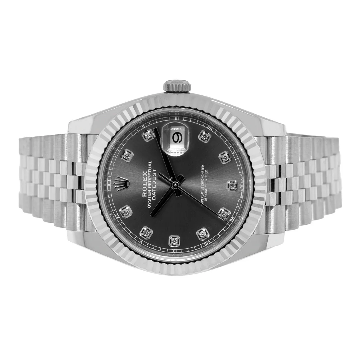 Rolex Datejust II 41mm Stainless Steel Dark Rhodium Diamond Dial 18K White Gold Fluted Bezel 126334