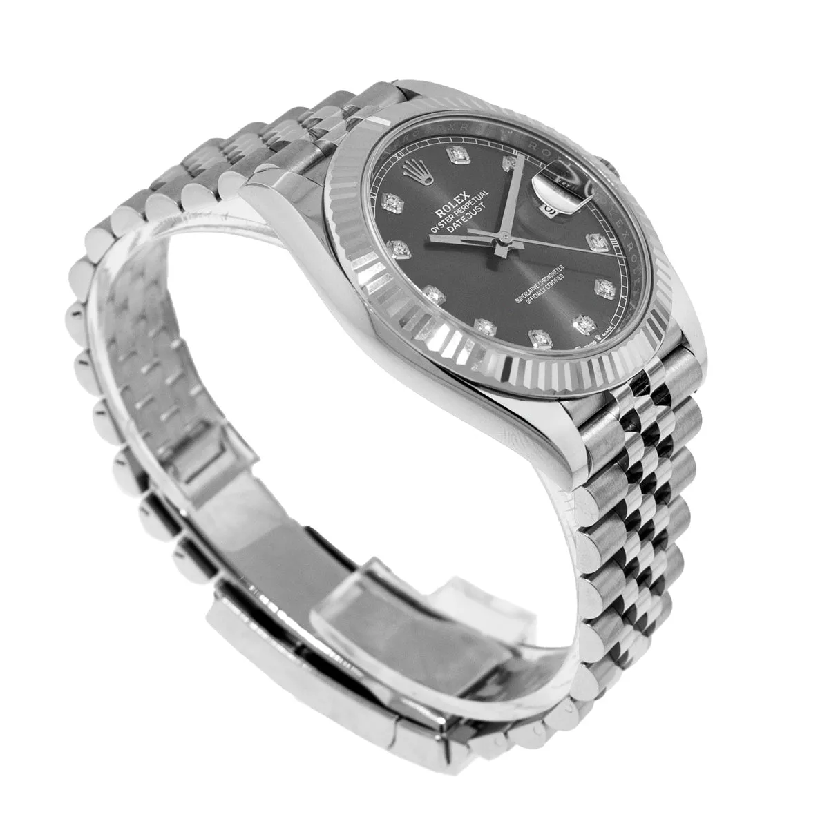 Rolex Datejust II 41mm Stainless Steel Dark Rhodium Diamond Dial 18K White Gold Fluted Bezel 126334