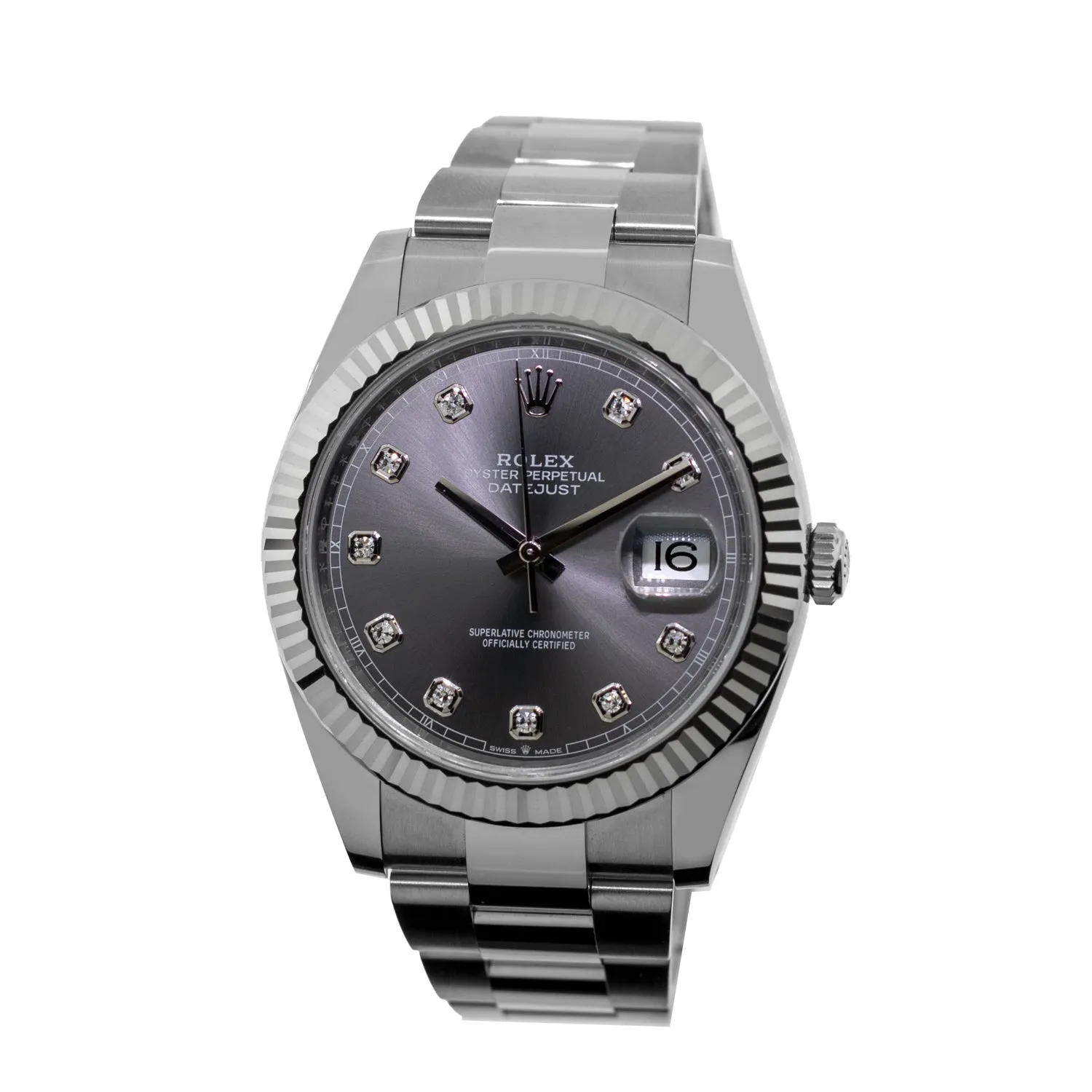 Rolex Datejust II 41mm Stainless Steel Dark Rhodium Diamond Dial 18K White Gold Fluted Bezel 126334