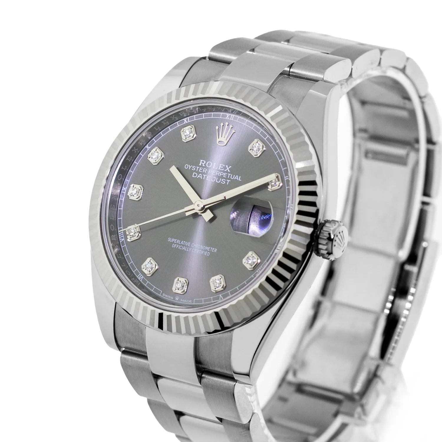 Rolex Datejust II 41mm Stainless Steel Dark Rhodium Diamond Dial 18K White Gold Fluted Bezel 126334