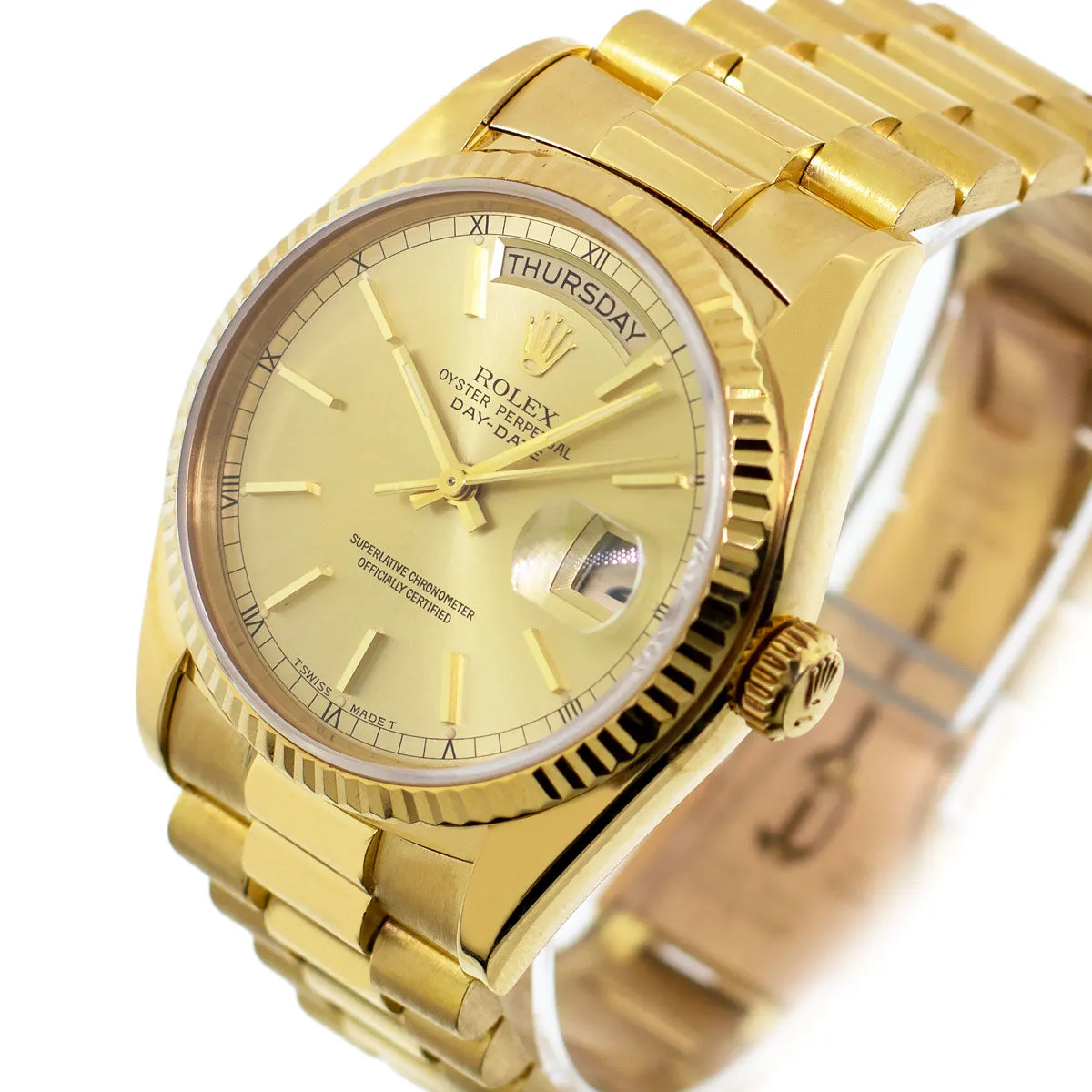 Rolex Day-Date 36mm Yellow Gold Champagne Index Dial & Fluted Bezel 18238