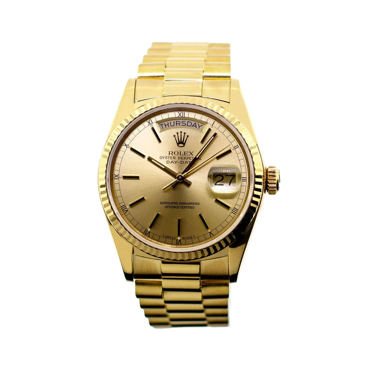 Rolex Day-Date 36mm Yellow Gold Champagne Index Dial & Fluted Bezel 18238