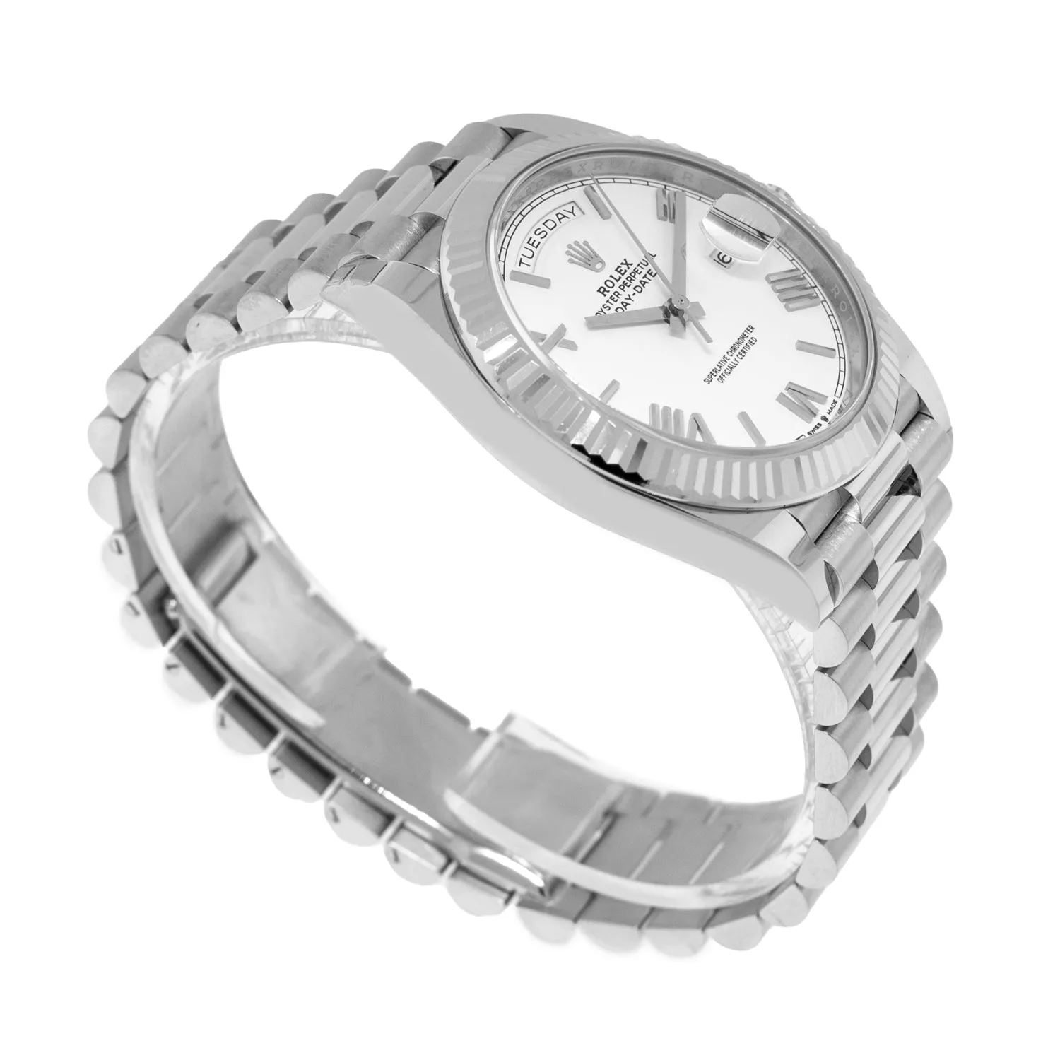 Rolex Day-Date 40mm White Gold White Roman Dial President 228239