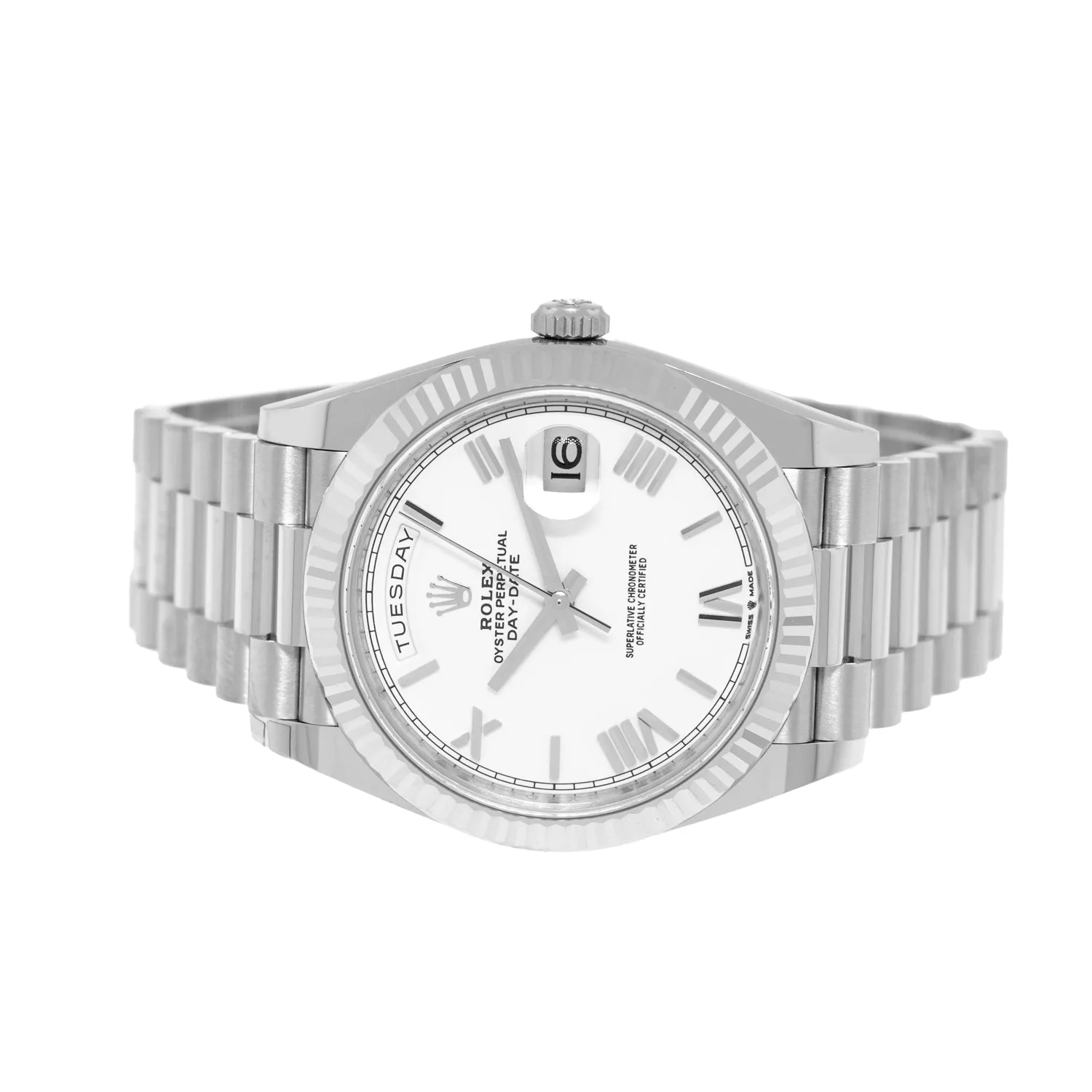 Rolex Day-Date 40mm White Gold White Roman Dial President 228239