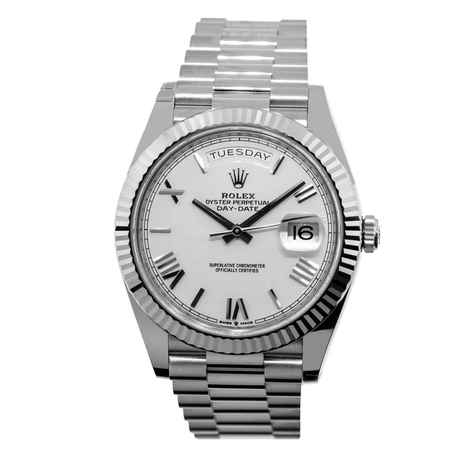 Rolex Day-Date 40mm White Gold White Roman Dial President 228239