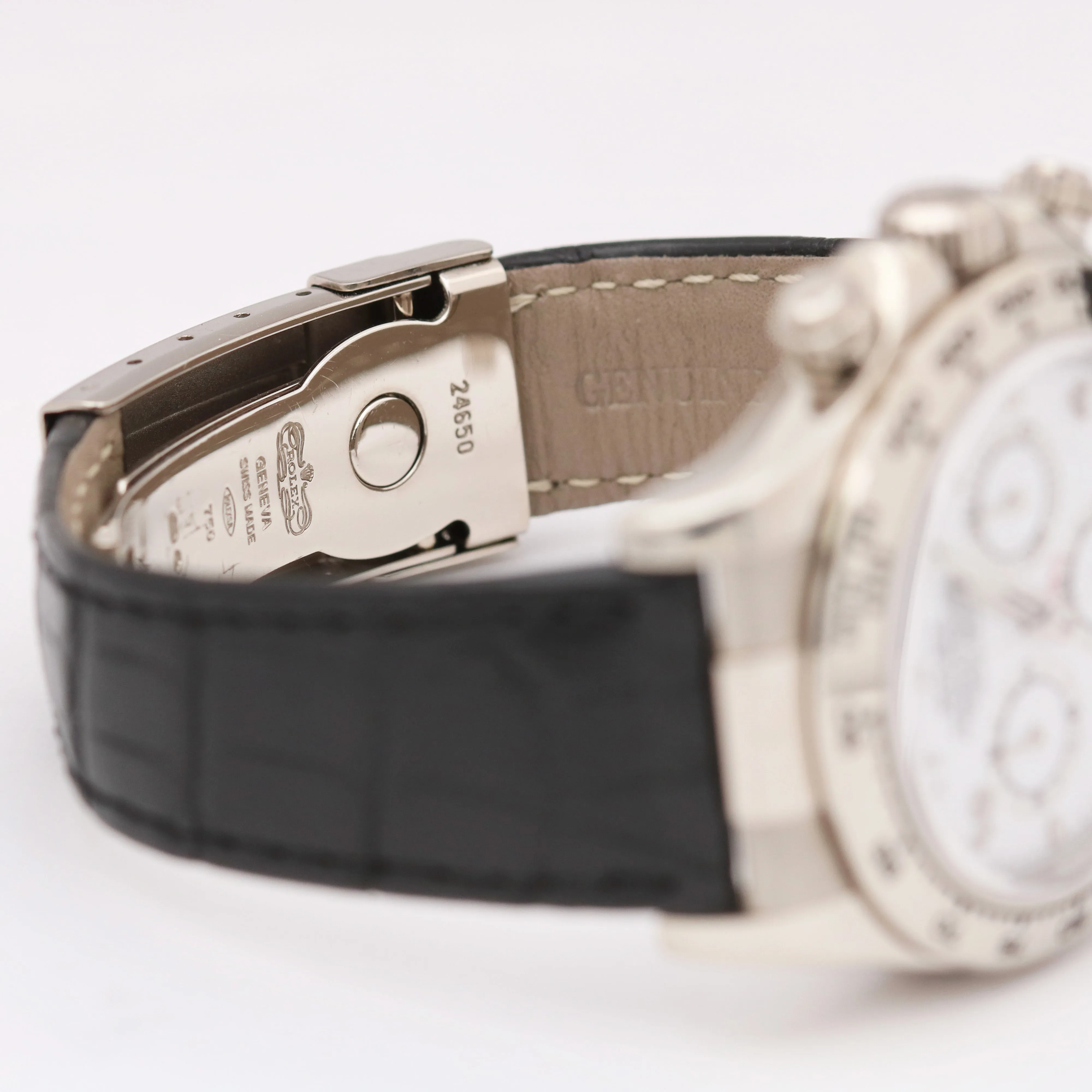 Rolex Daytona Cosmograph 18K Gold WHITE DIAL Black Leather REHAUT 116519 Watch