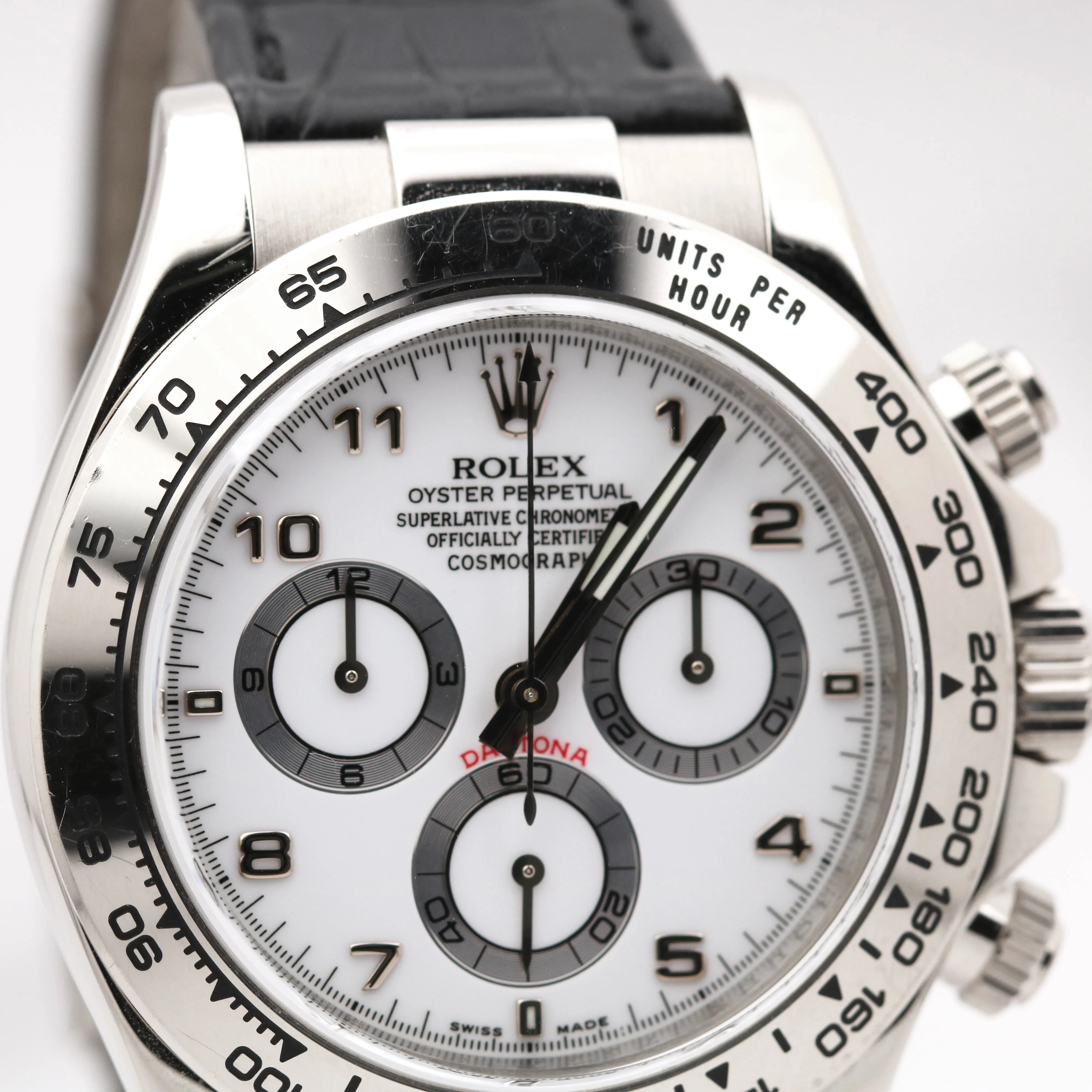 Rolex Daytona Cosmograph 18K Gold WHITE DIAL Black Leather REHAUT 116519 Watch