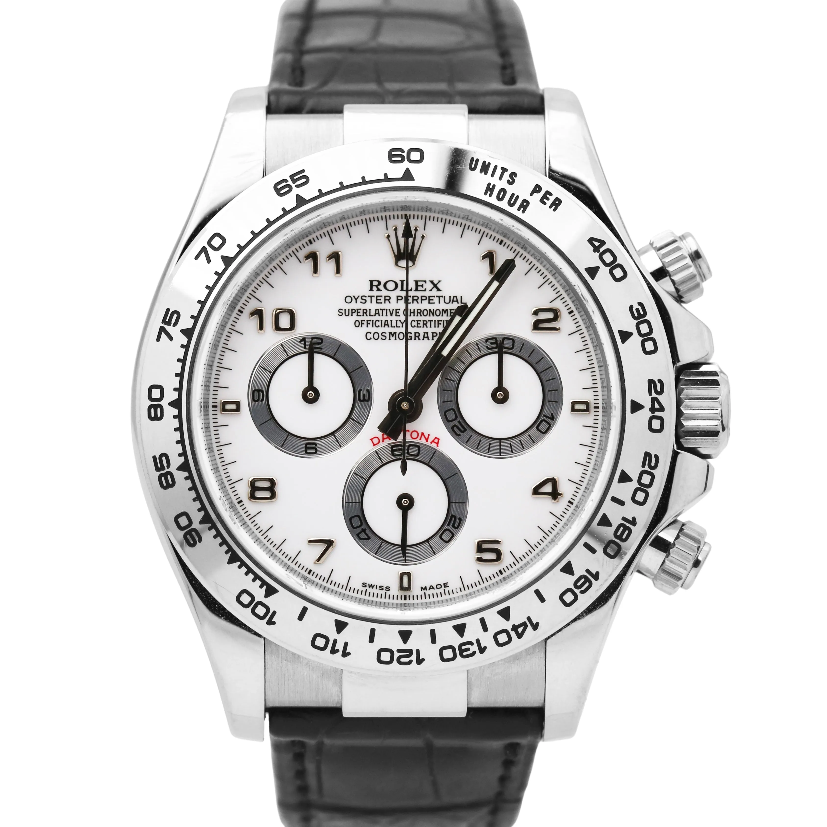 Rolex Daytona Cosmograph 18K Gold WHITE DIAL Black Leather REHAUT 116519 Watch