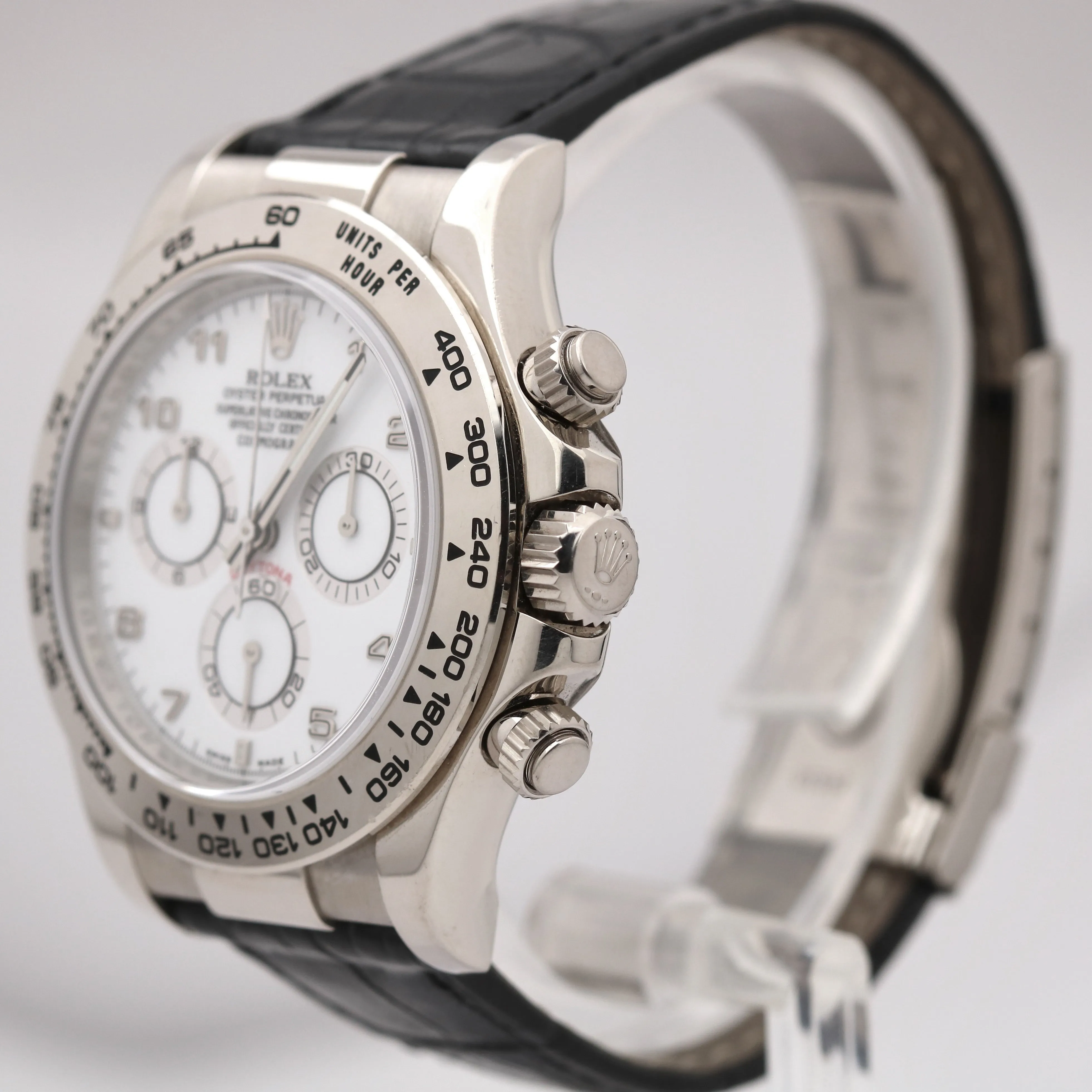 Rolex Daytona Cosmograph 18K Gold WHITE DIAL Black Leather REHAUT 116519 Watch