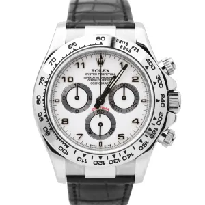 Rolex Daytona Cosmograph 18K Gold WHITE DIAL Black Leather REHAUT 116519 Watch