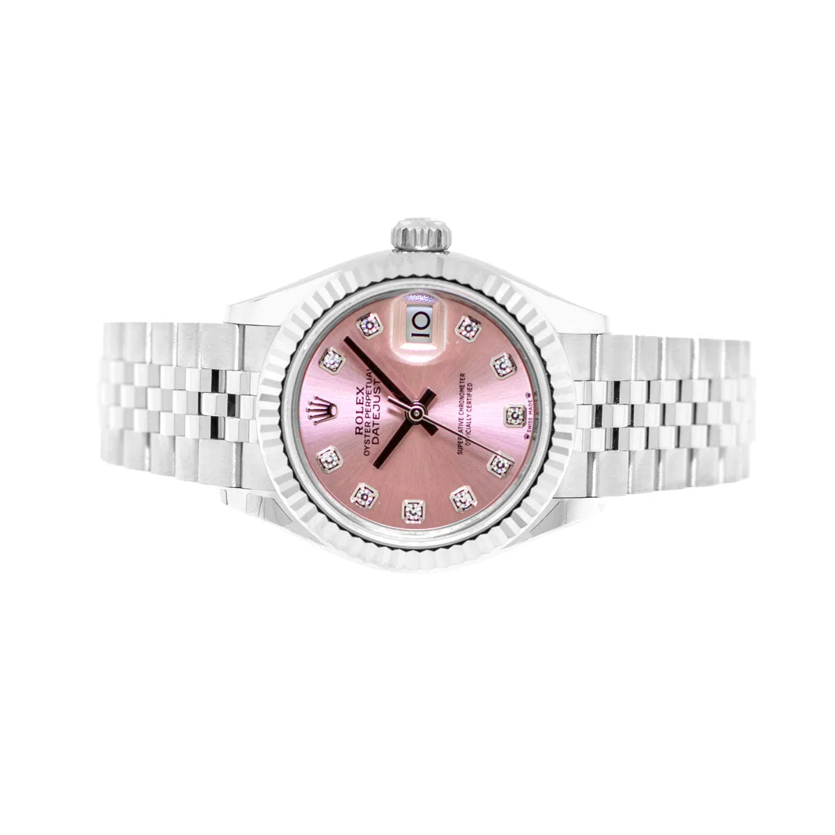 Rolex Lady-Datejust 28mm White Gold Steel Pink Diamond Dial Fluted Bezel 279174