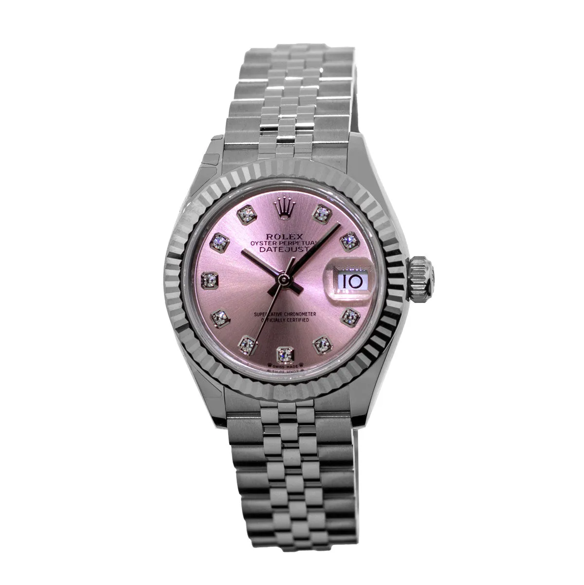 Rolex Lady-Datejust 28mm White Gold Steel Pink Diamond Dial Fluted Bezel 279174