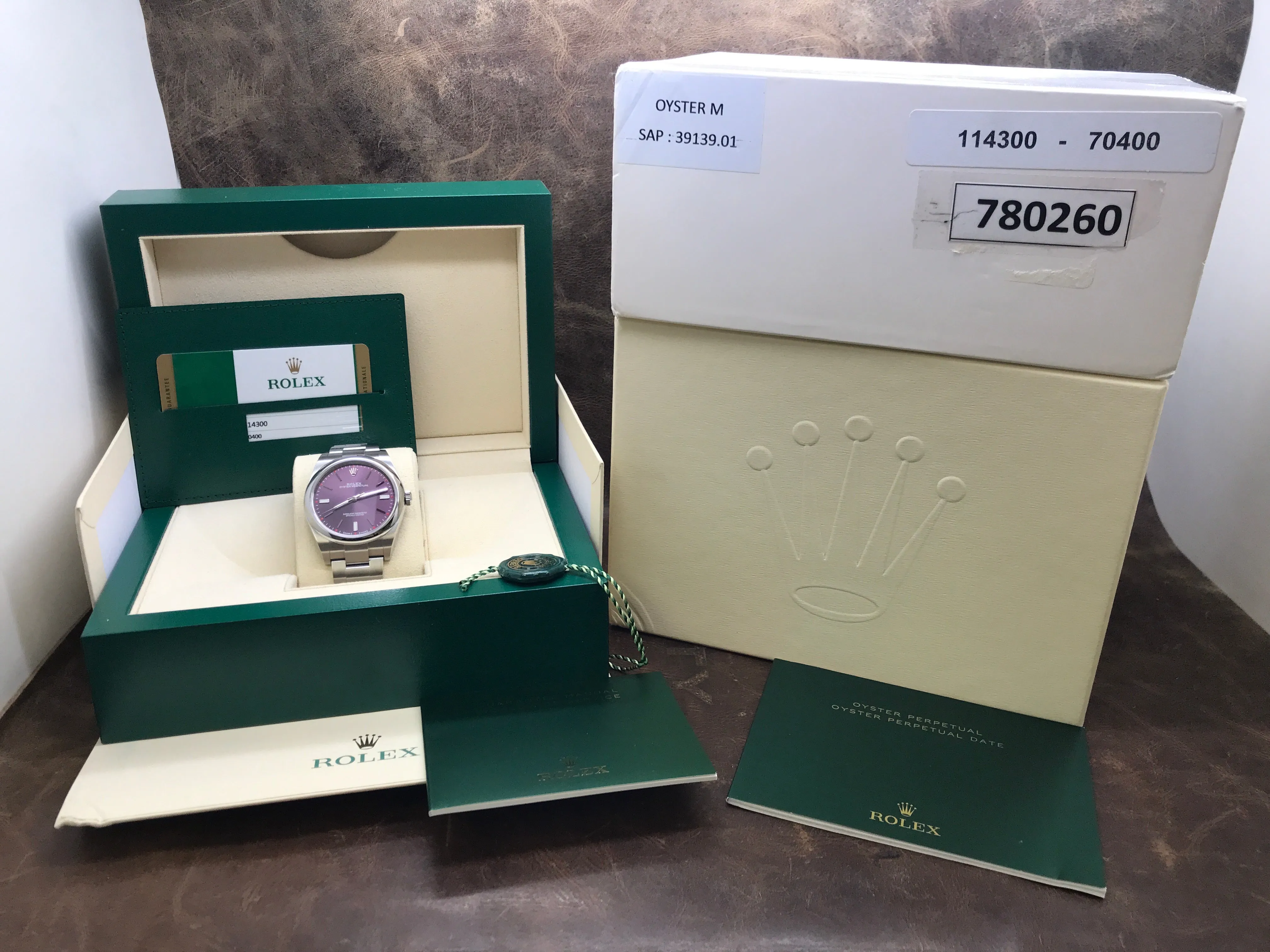 Rolex Oyster Perpetual 39mm 114300 Red Grape Dial Automatic Watch